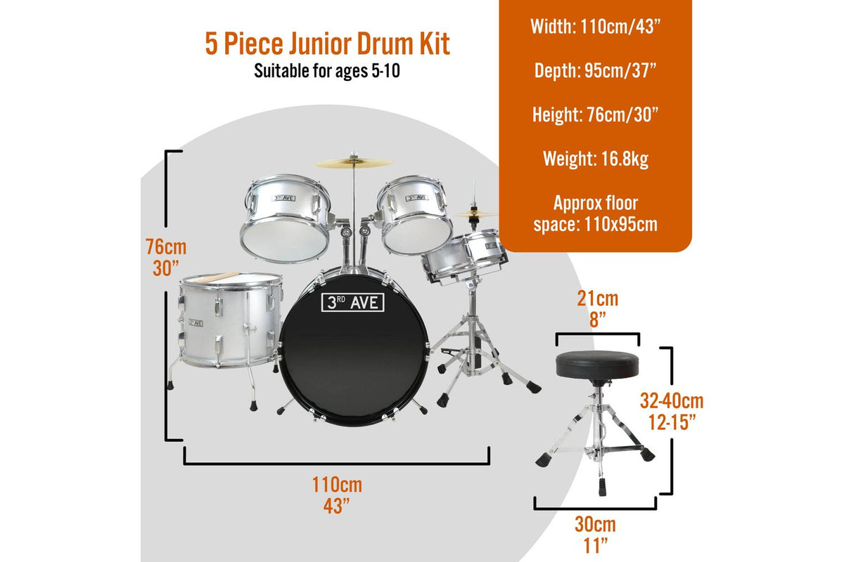 3rd Avenue 5 Piece Junior Drum Kit - Silver-2