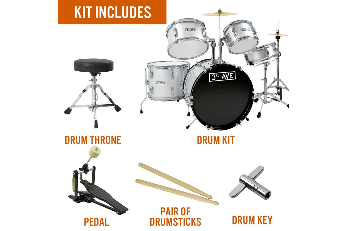 3rd Avenue 5 Piece Junior Drum Kit - Silver-3