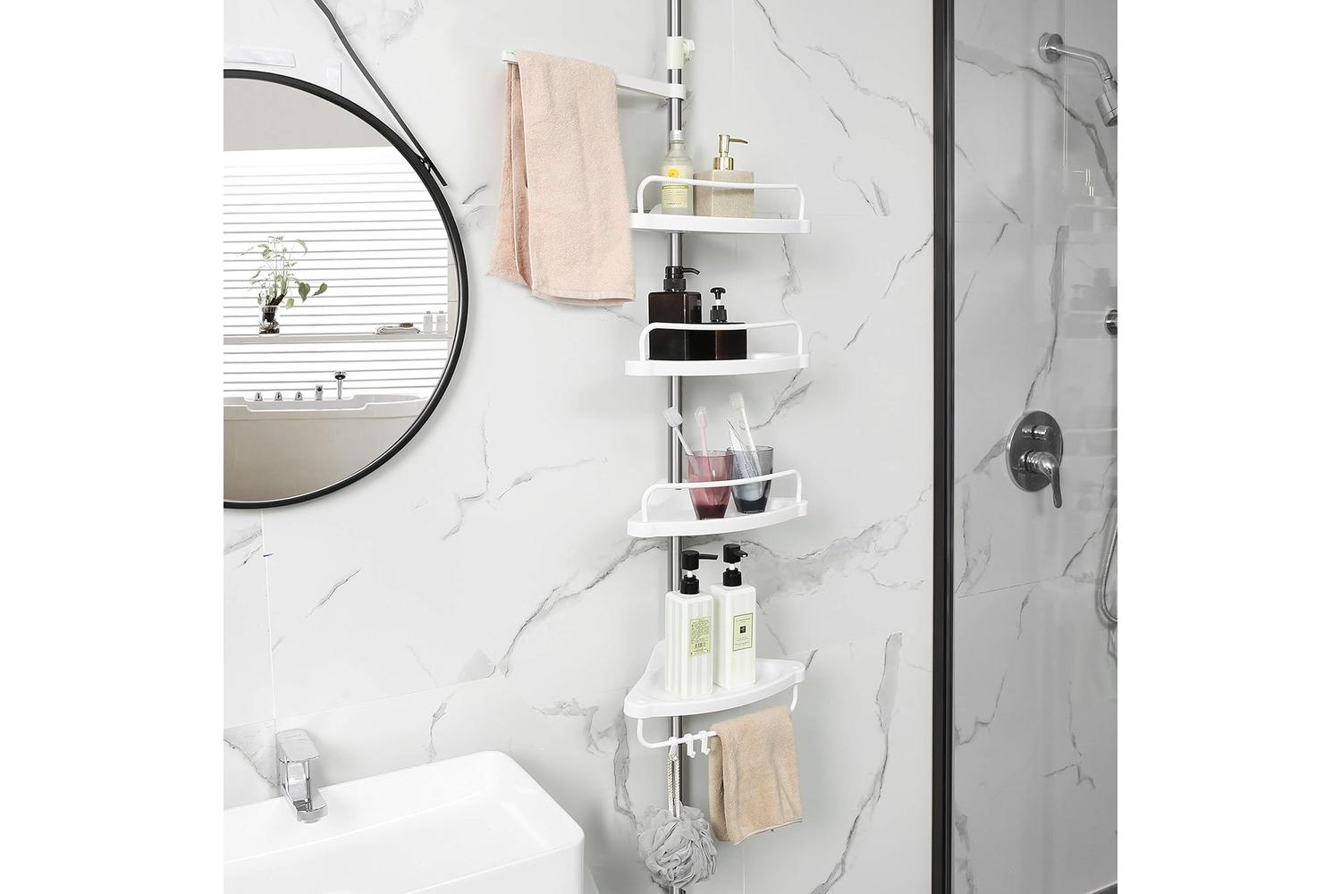Songmics Tension Corner Shower Caddy | White & Silver-2
