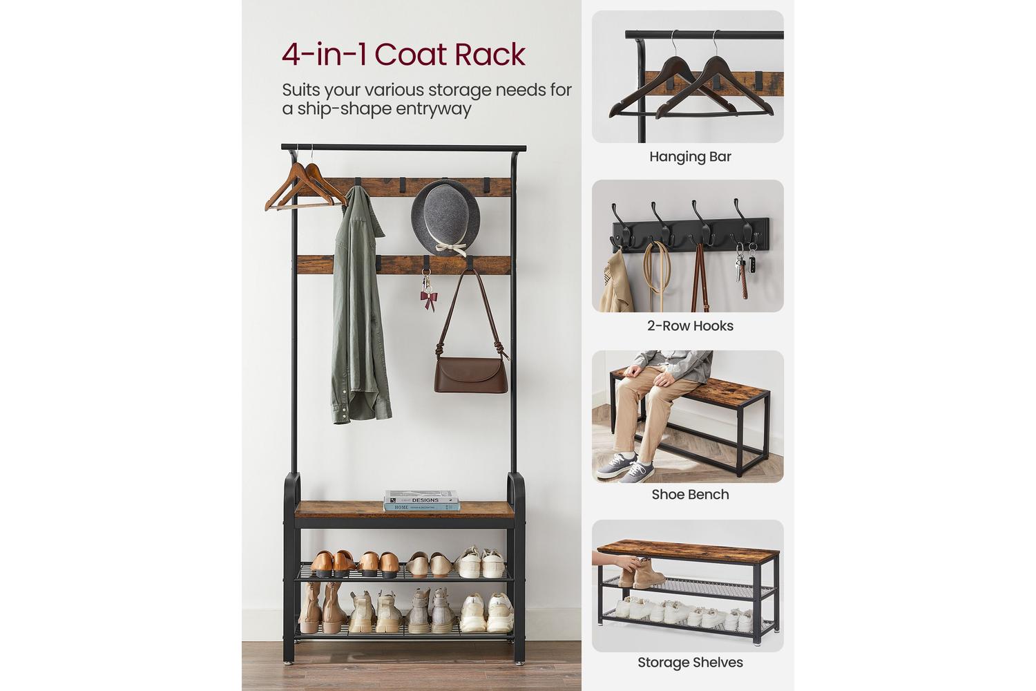 Vasagle Hall Tree With Shoe Bench | Rustic Brown & Black-4
