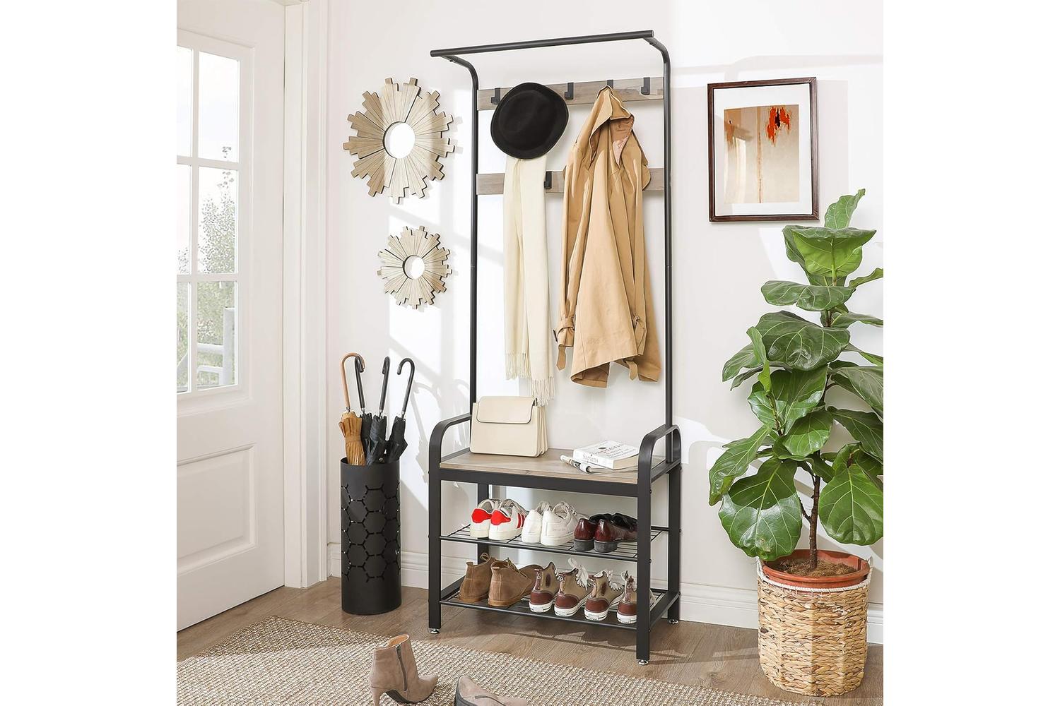Vasagle Coat Rack Shoe Bench | Greige & Black-2