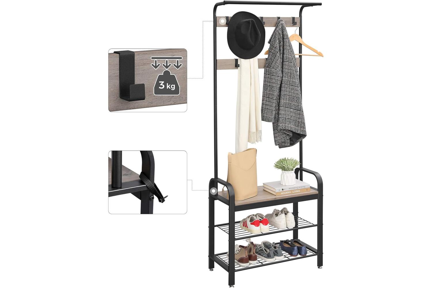Vasagle Coat Rack Shoe Bench | Greige & Black-4