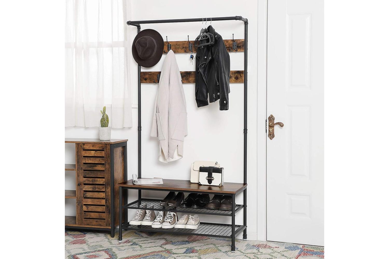 Vasagle Industrial Coat Rack Storage Bench | Rustic Brown-2