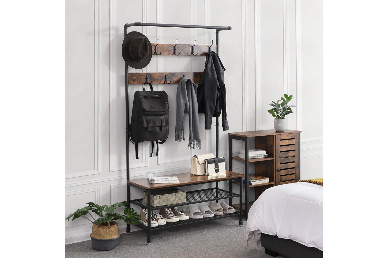 Vasagle Industrial Coat Rack Storage Bench | Rustic Brown-3