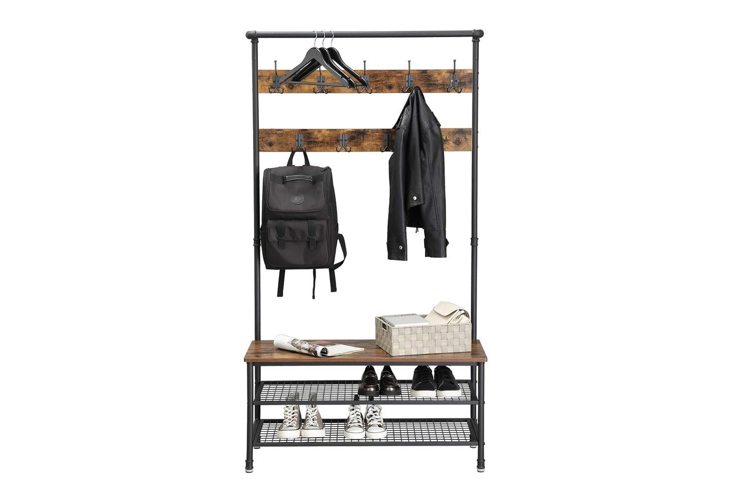 Vasagle Industrial Coat Rack Storage Bench | Rustic Brown-4