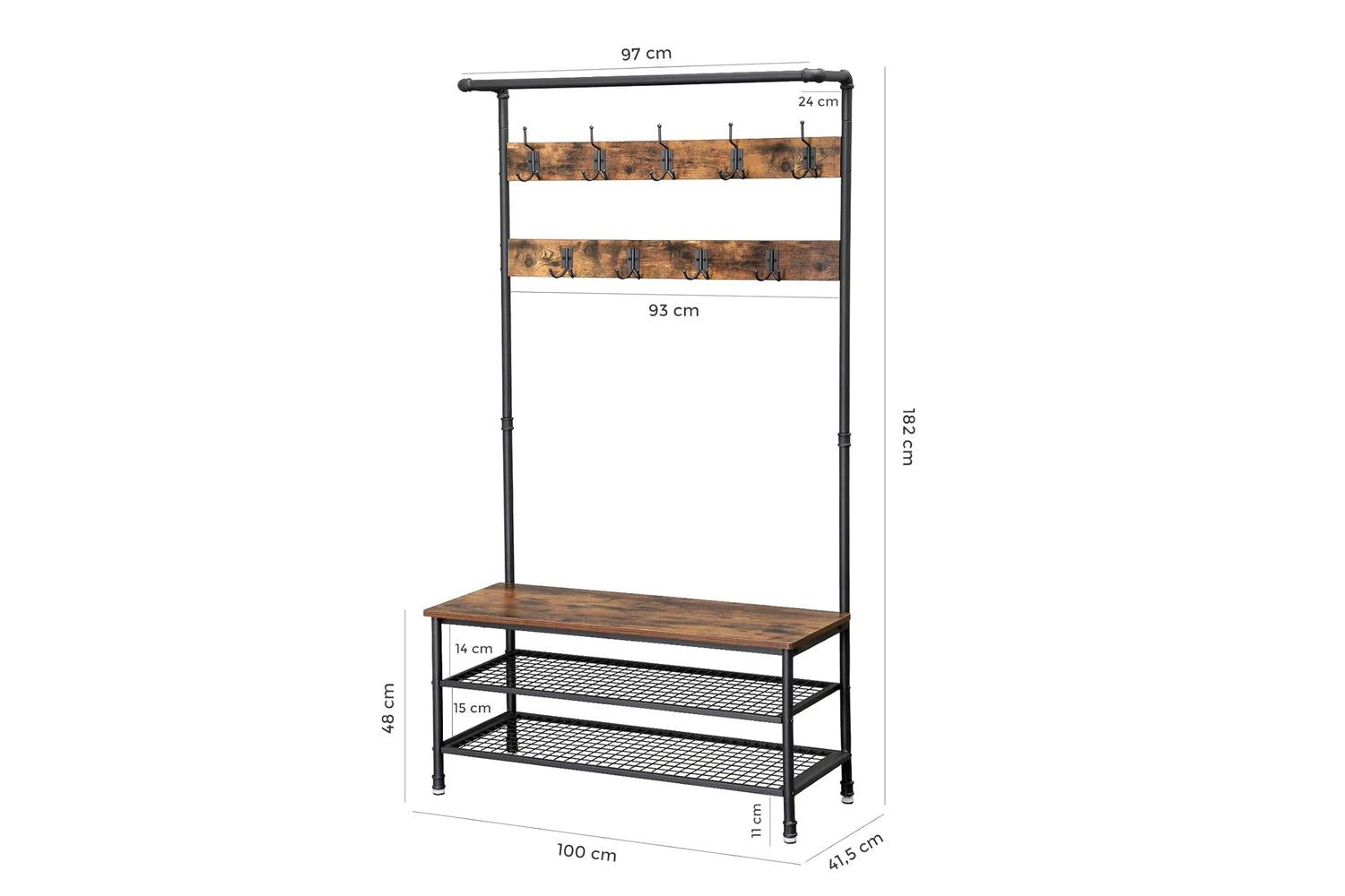 Vasagle Industrial Coat Rack Storage Bench | Rustic Brown-5