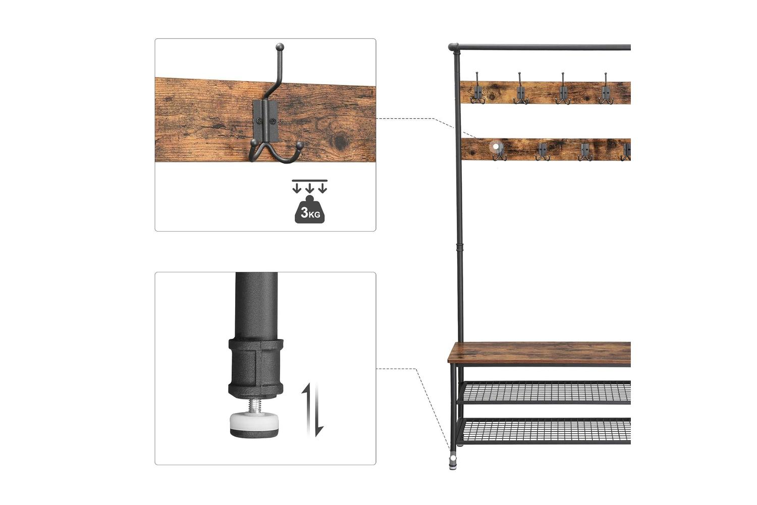 Vasagle Industrial Coat Rack Storage Bench | Rustic Brown-6