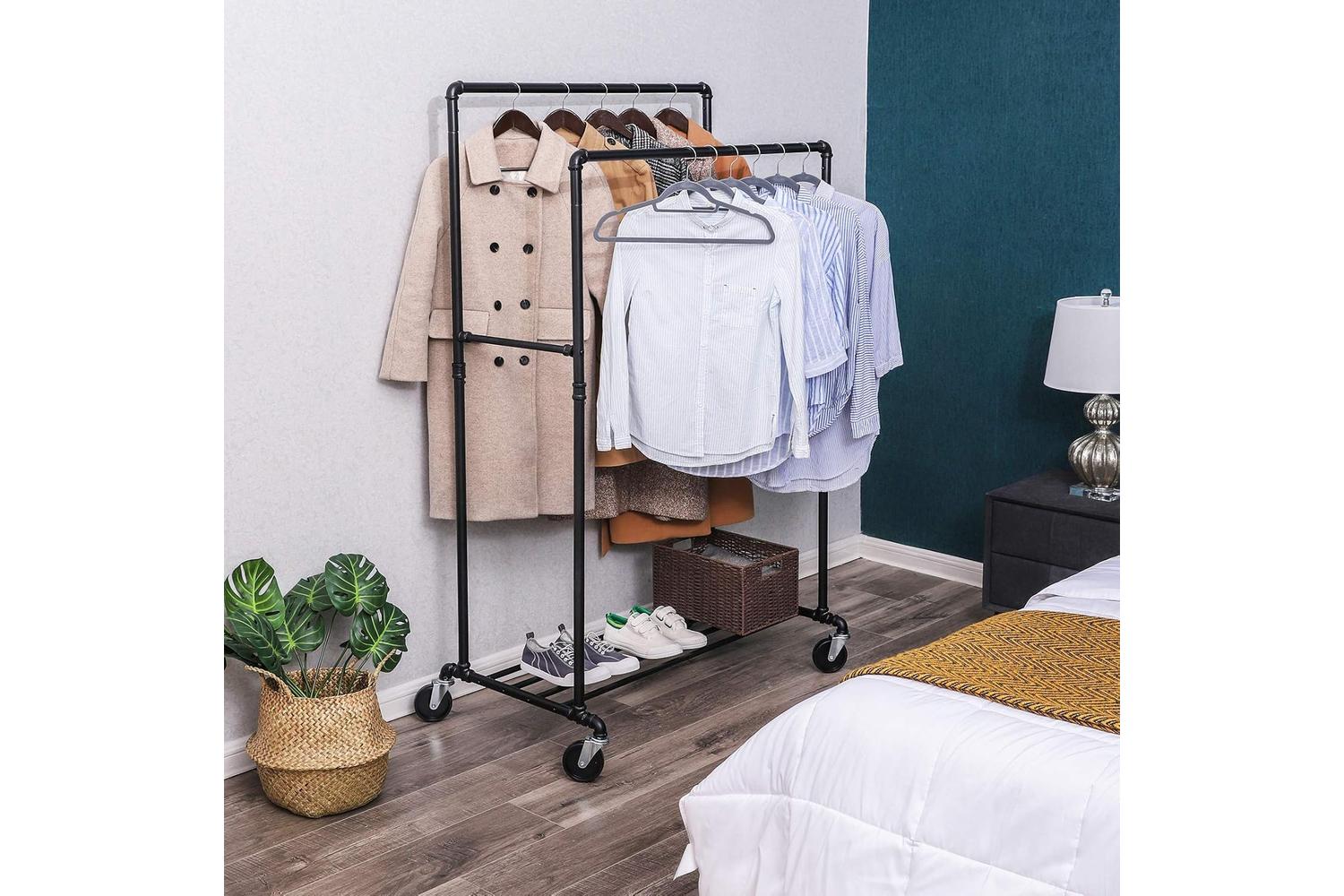 Songmics Black Clothes Rack on Wheels with 2 Rails | Black-3