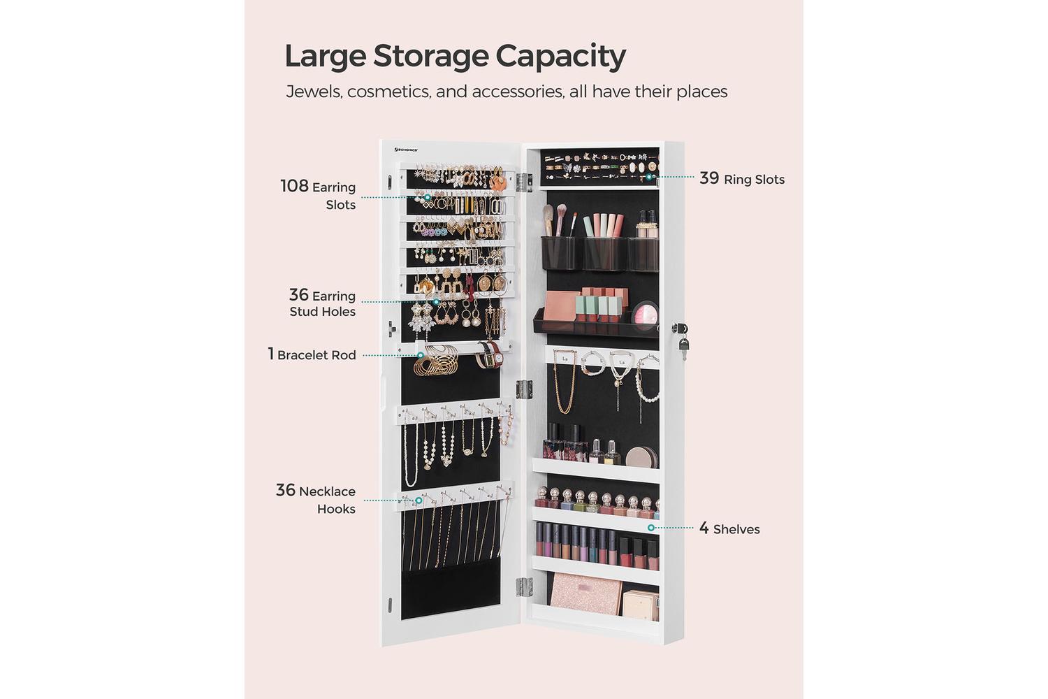Songmics Wall Mounted Jewelry Armoire with Mirror | White-5
