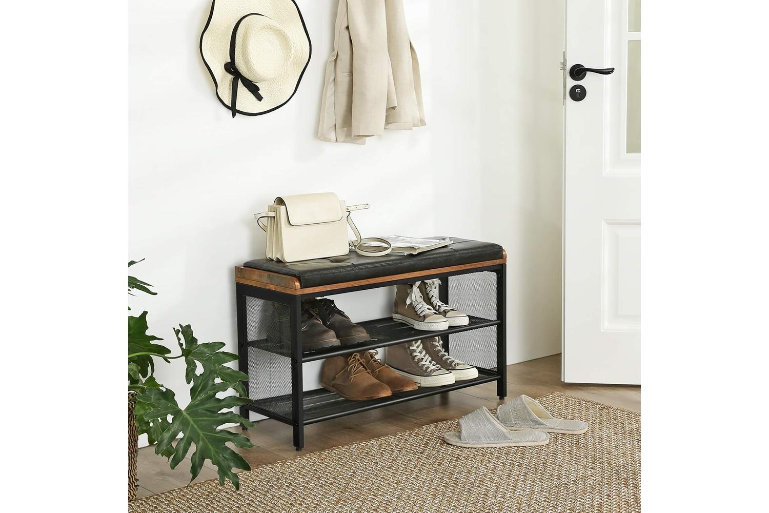Vasagle Industrial Shoe Rack Bench With Cushion Top | Rustic Brown-2