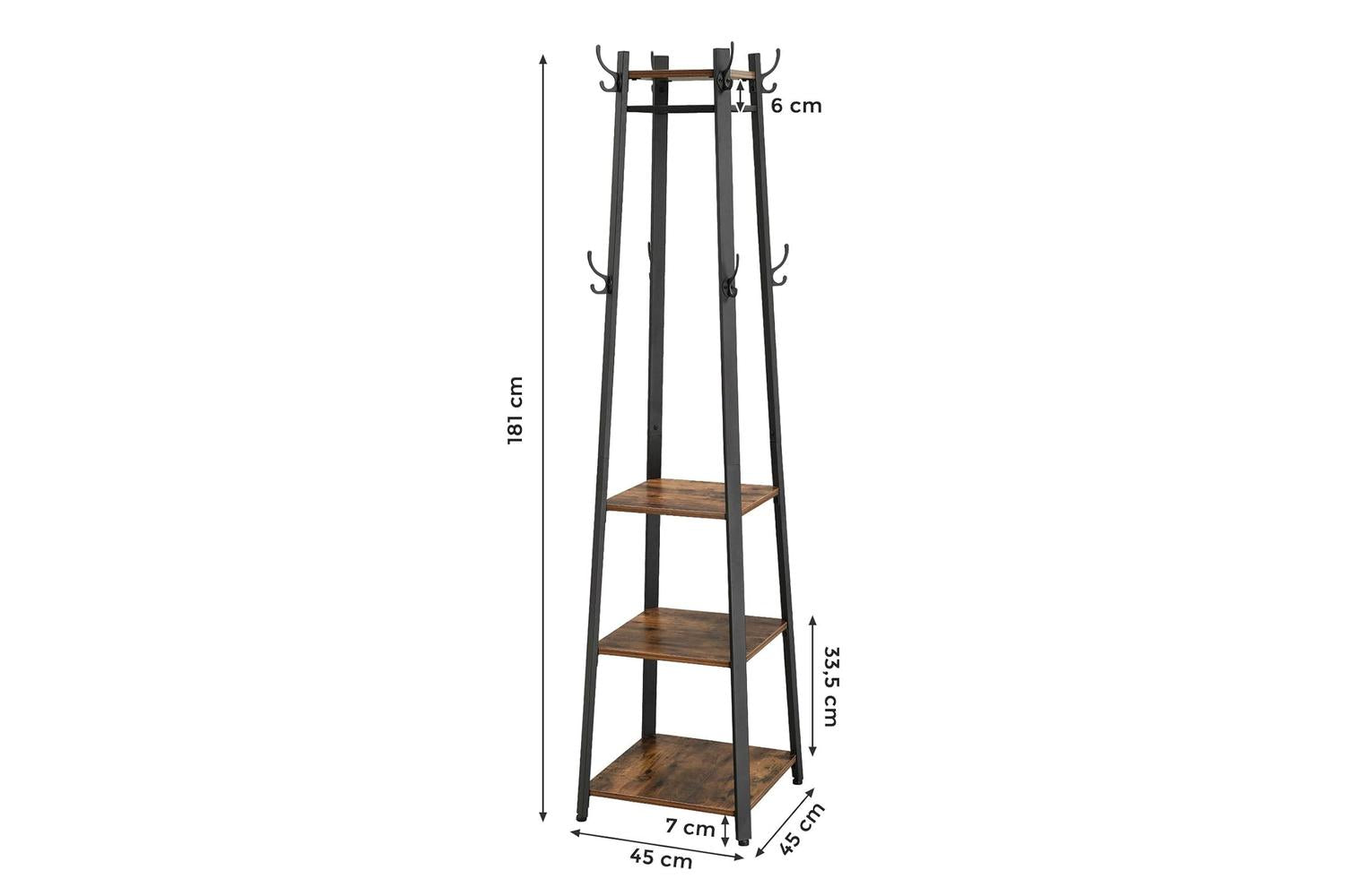 Vasagle Industrial 3 Shelves Coat Stand with Hooks | Vintage & Black-6