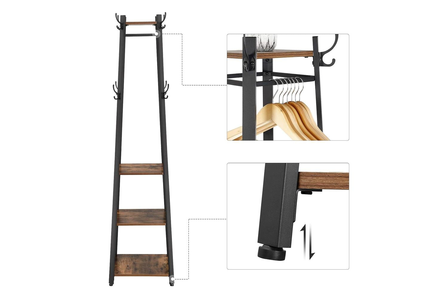Vasagle Industrial 3 Shelves Coat Stand with Hooks | Vintage & Black-7