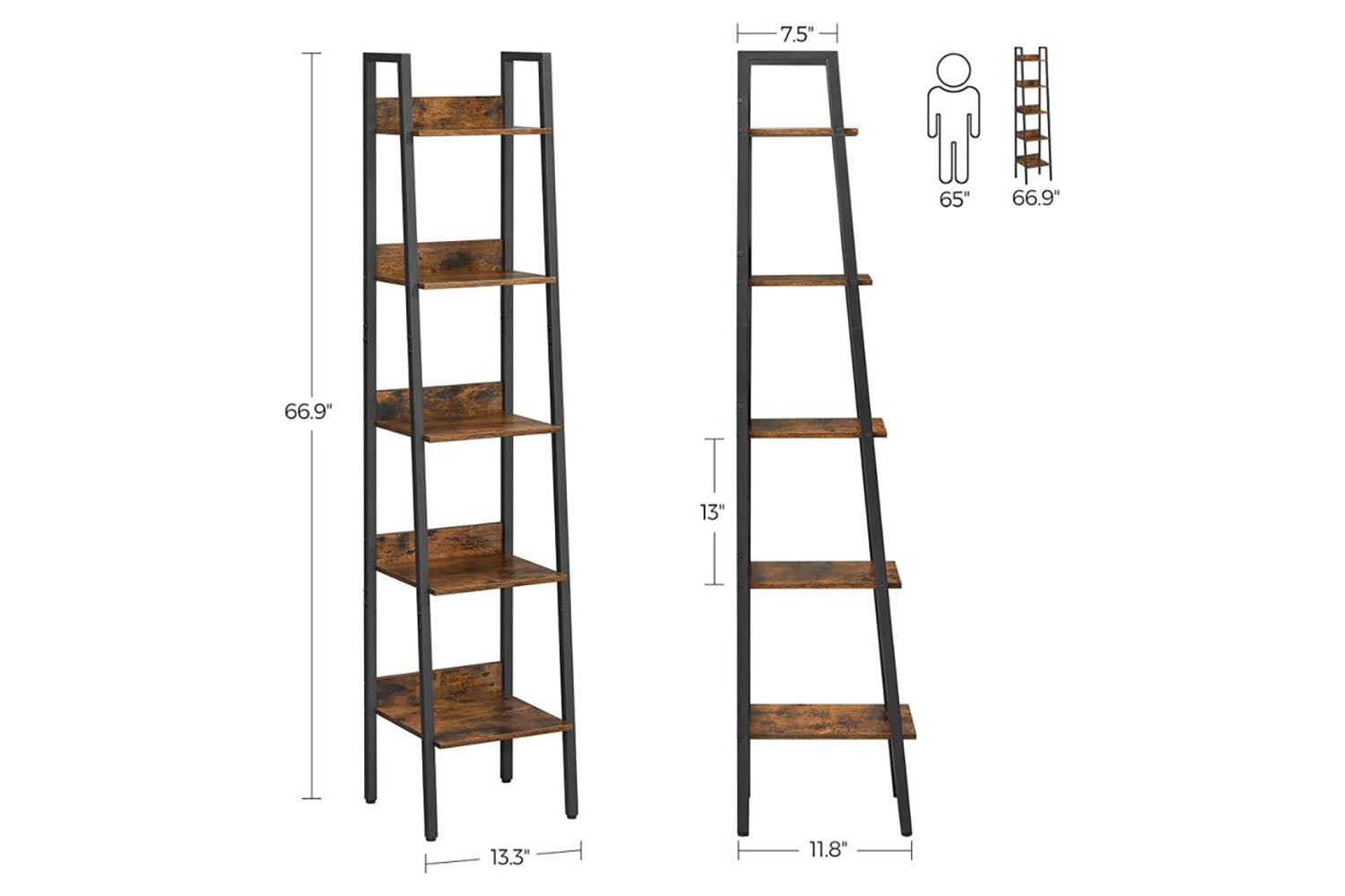 Vasagle Ladder Shelves | Narrow | 5 Shelves | Rustic Brown/Black-4
