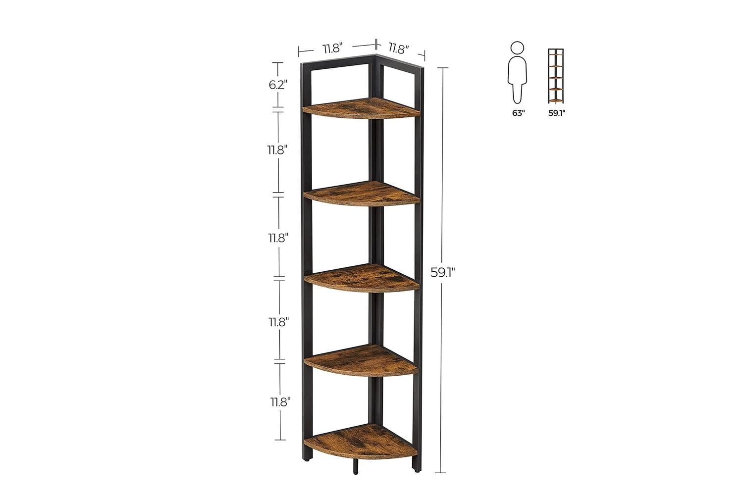 Vasagle  5 Tier Corner Bookshelf | Rustic Brown & Black-6