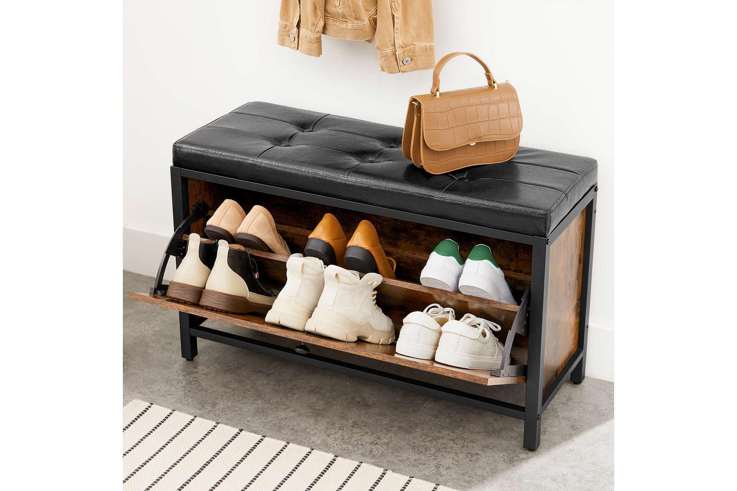 Vasagle Shoe Bench with Flip Door | Rustic Brown & Black-4