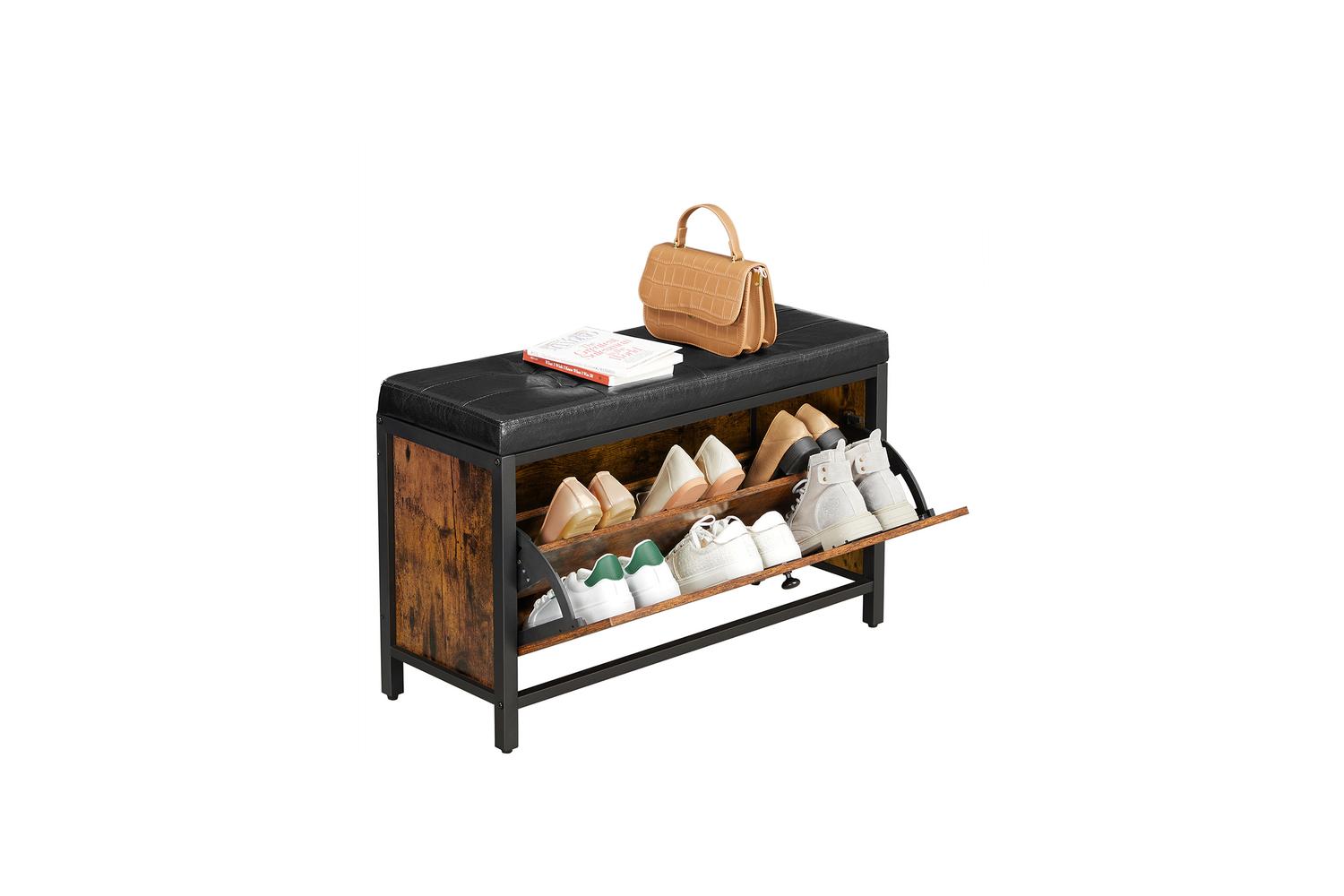 Vasagle Shoe Bench with Flip Door | Rustic Brown & Black-7