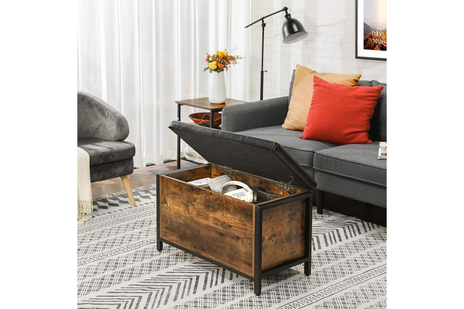 Vasagle Industrial Storage Ottoman with Flip Lid | Rustic Brown & Black-5