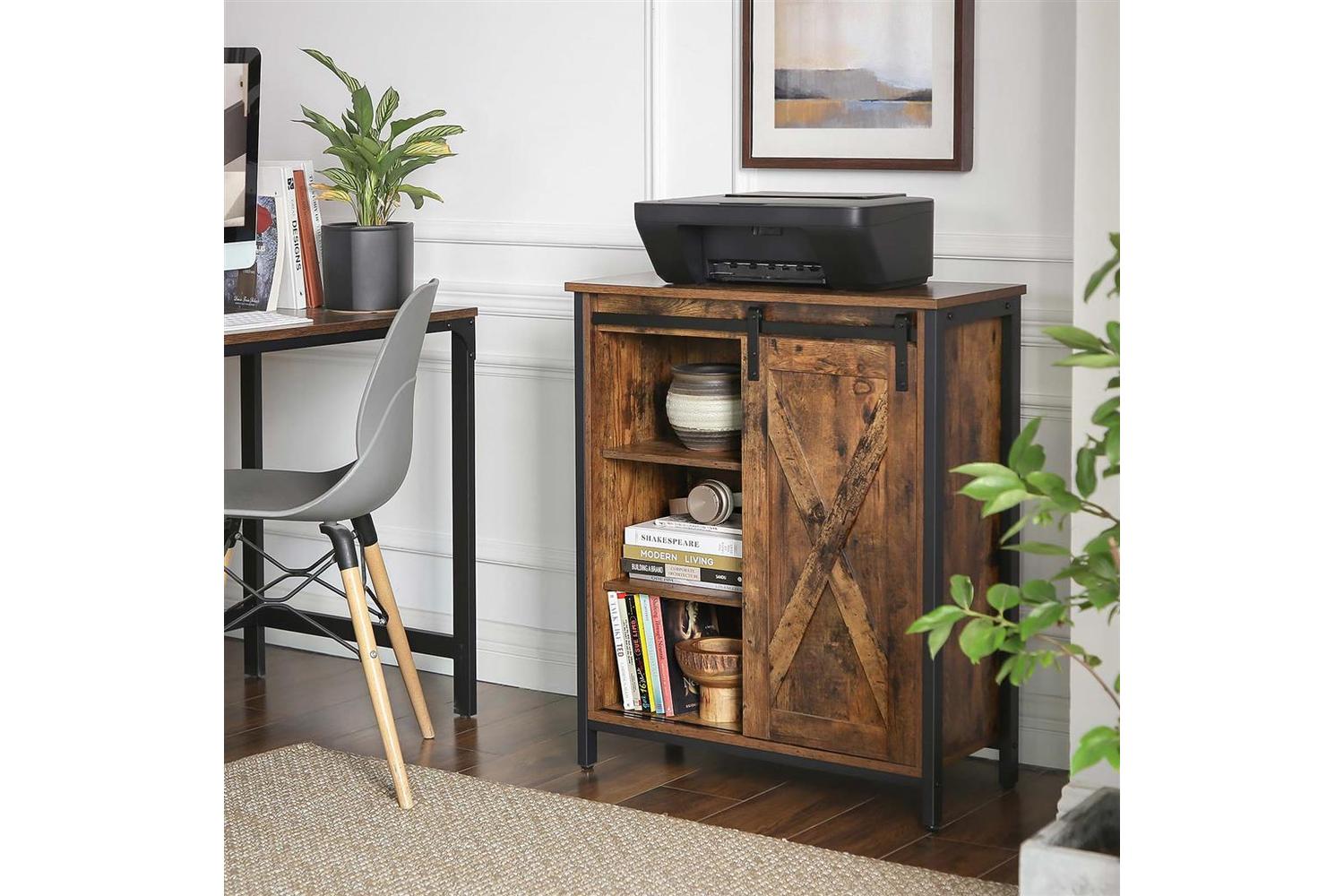 Vasagle Industrial Storage Cabinet with Barn Door | Rustic Brown & Black-4