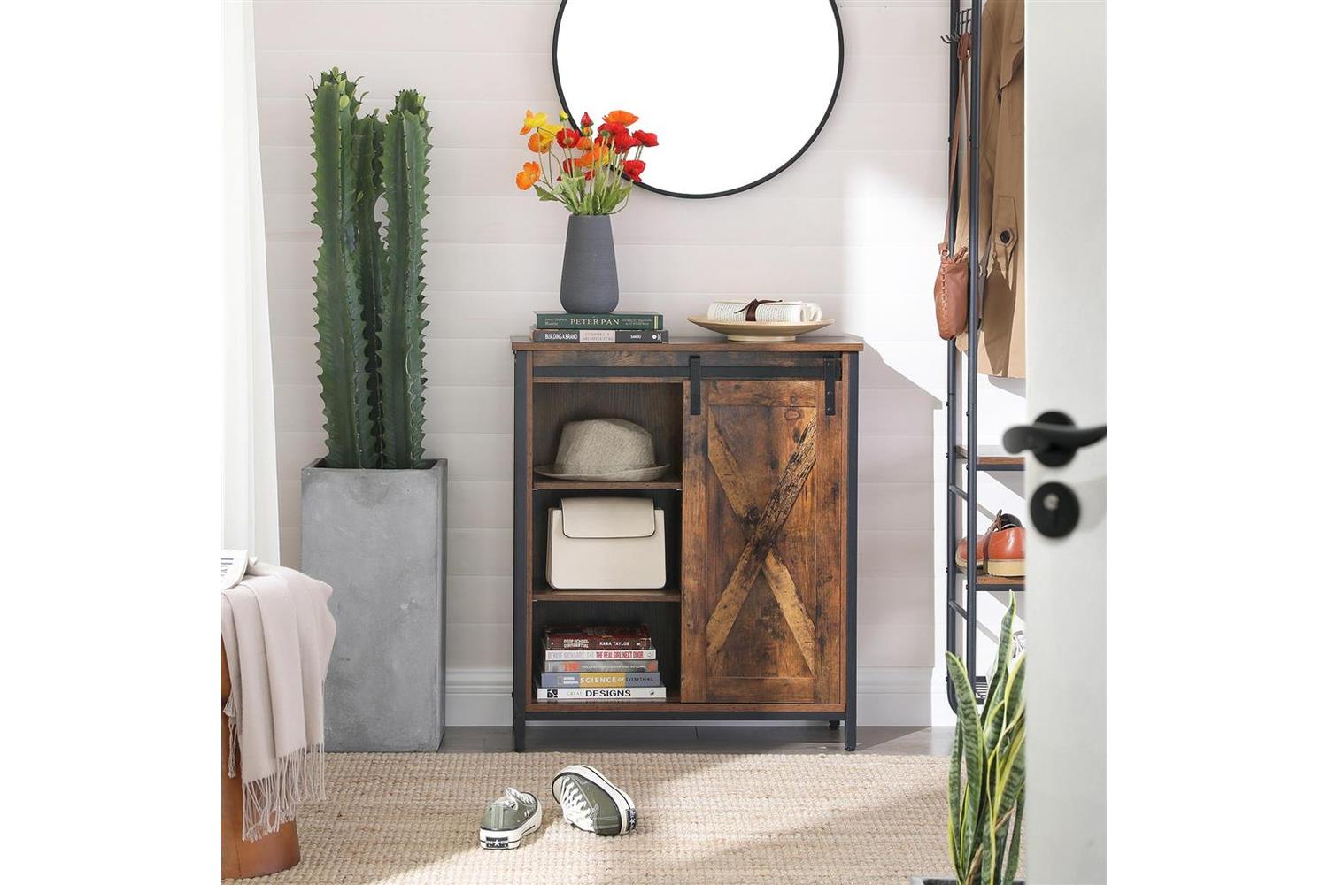 Vasagle Industrial Storage Cabinet with Barn Door | Rustic Brown & Black-5