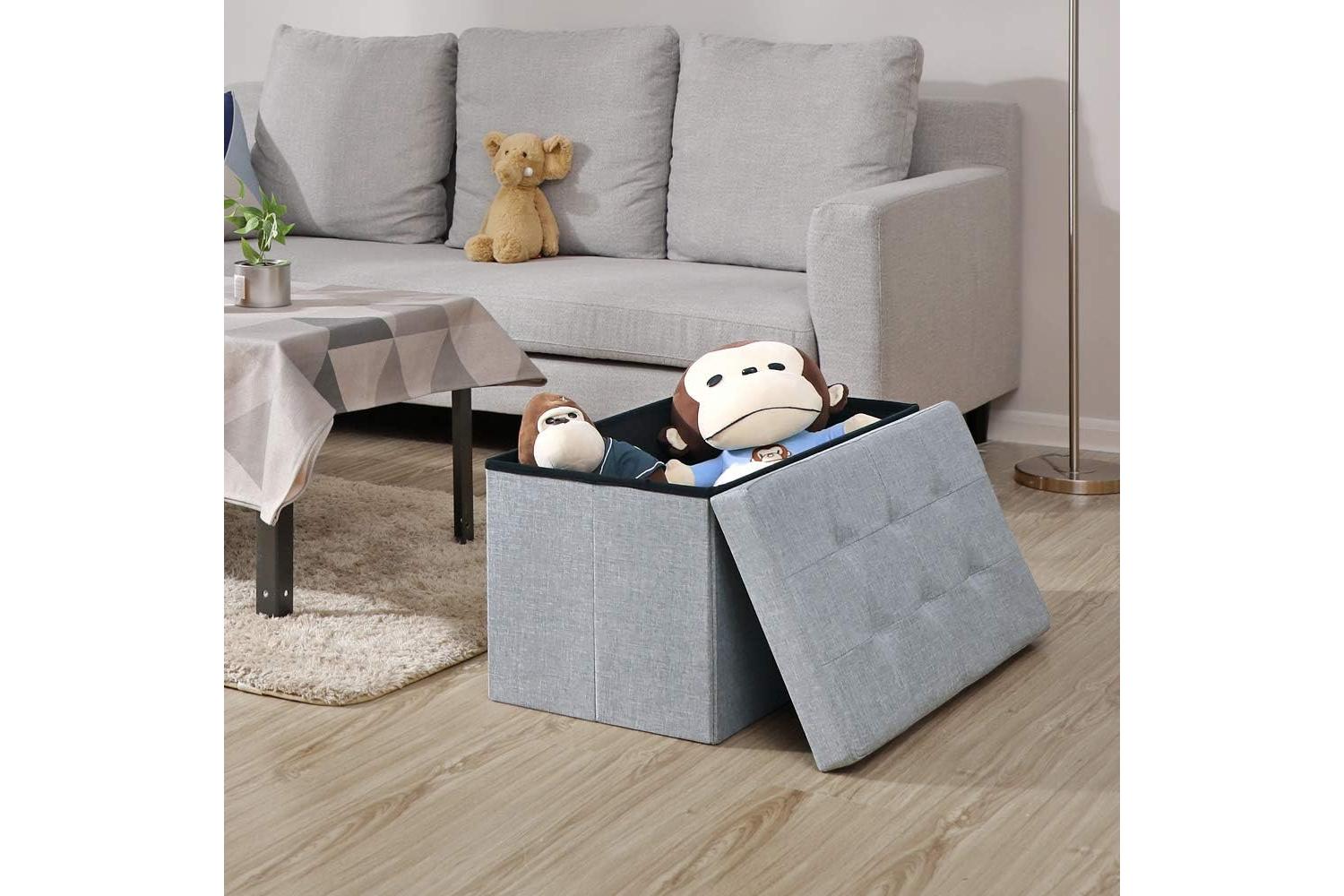 Songmics Linen Fabric Storage Ottoman | Light Gray-4