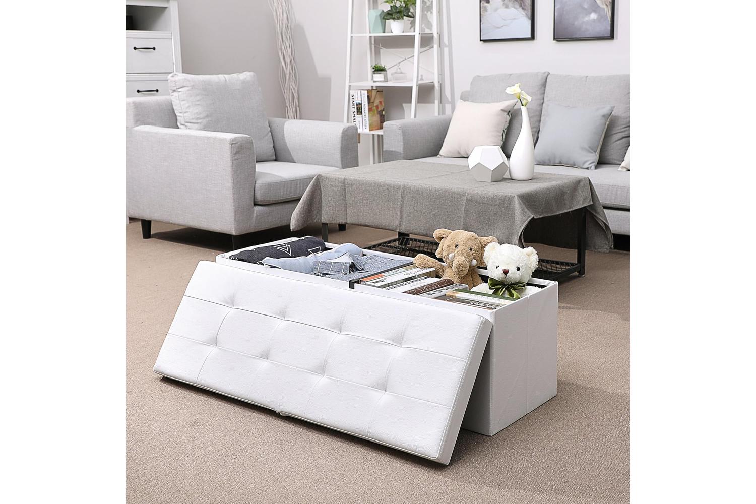 Songmics  Flipping Lid Storage Ottoman | White-3