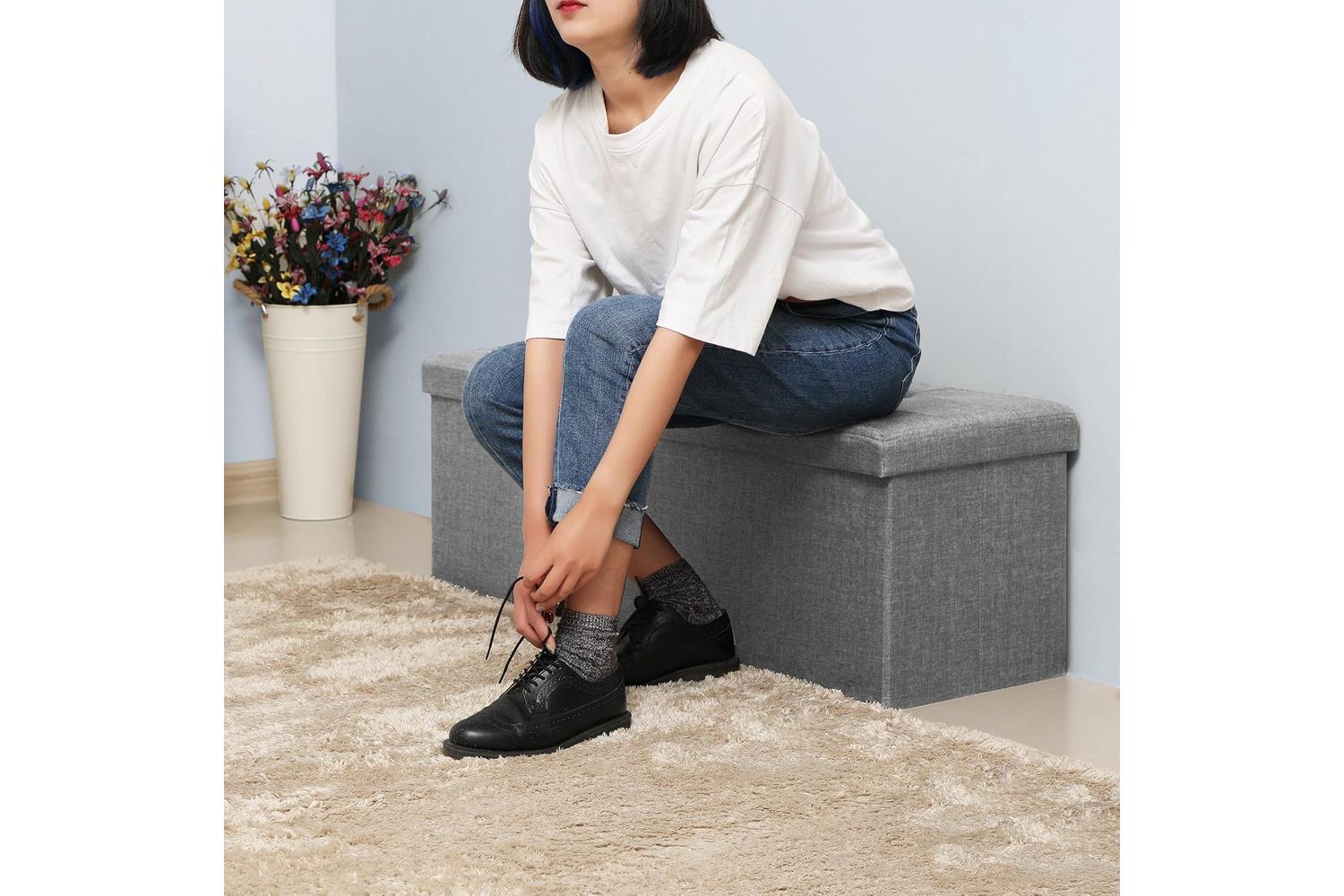 Songmics Folding Fabric Storage Ottoman Bench | Light Grey-3