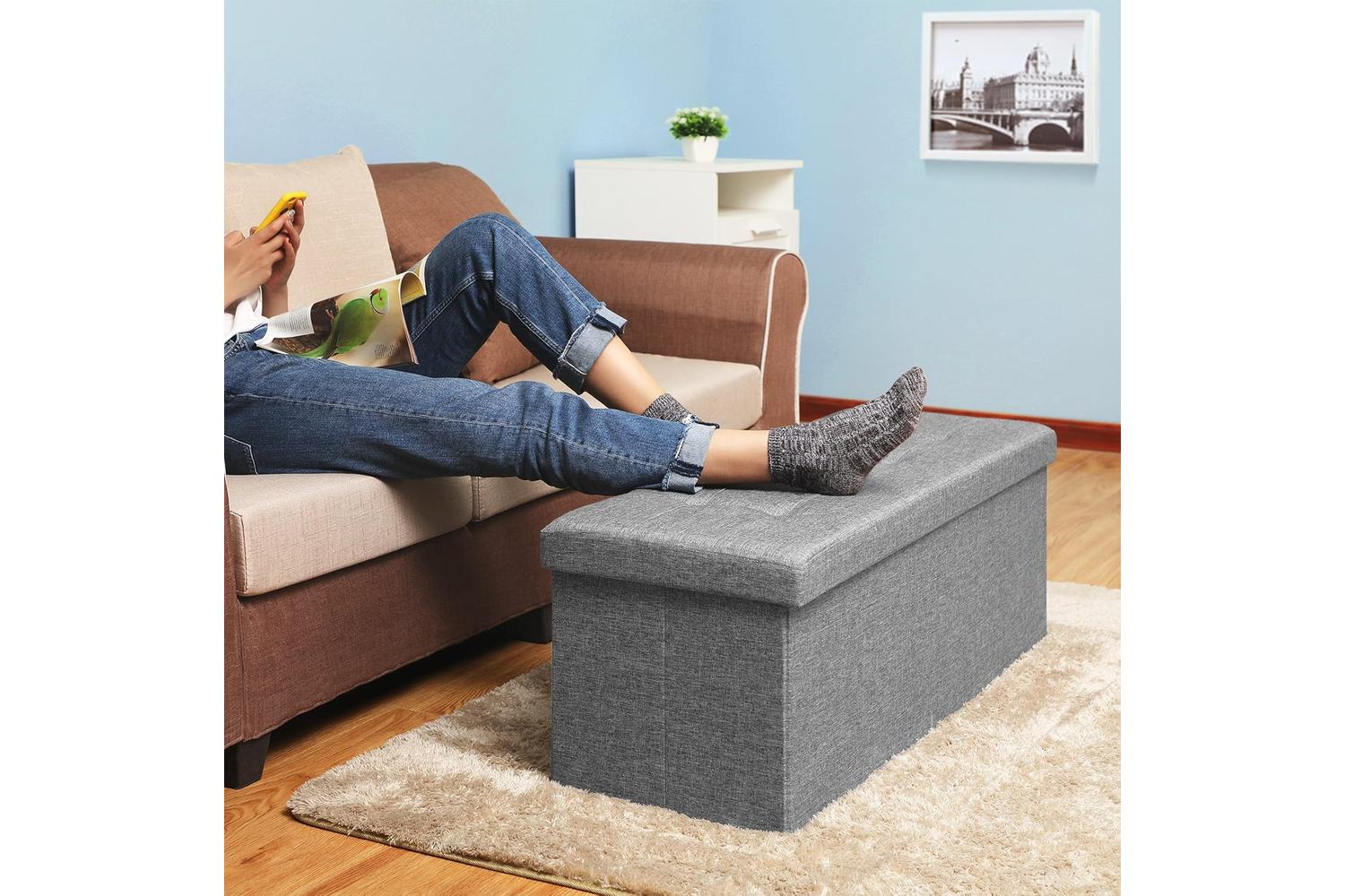 Songmics Folding Fabric Storage Ottoman Bench | Light Grey-4