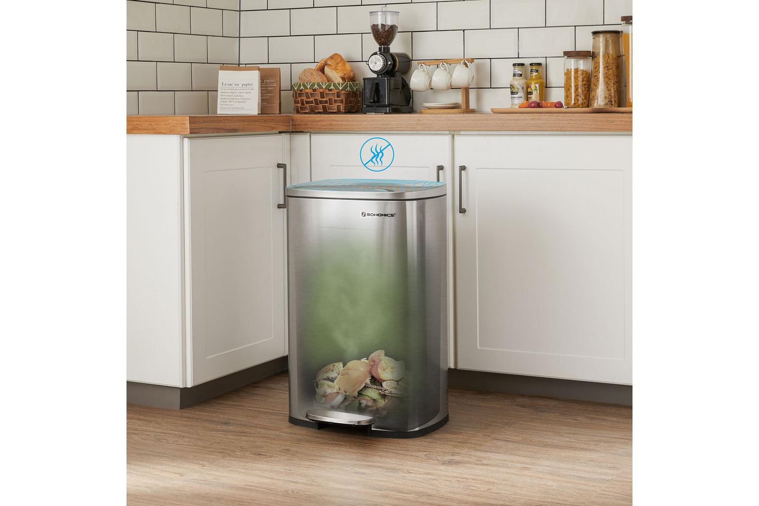 Songmics Step-Open Trash Can with Lid | Silver-4