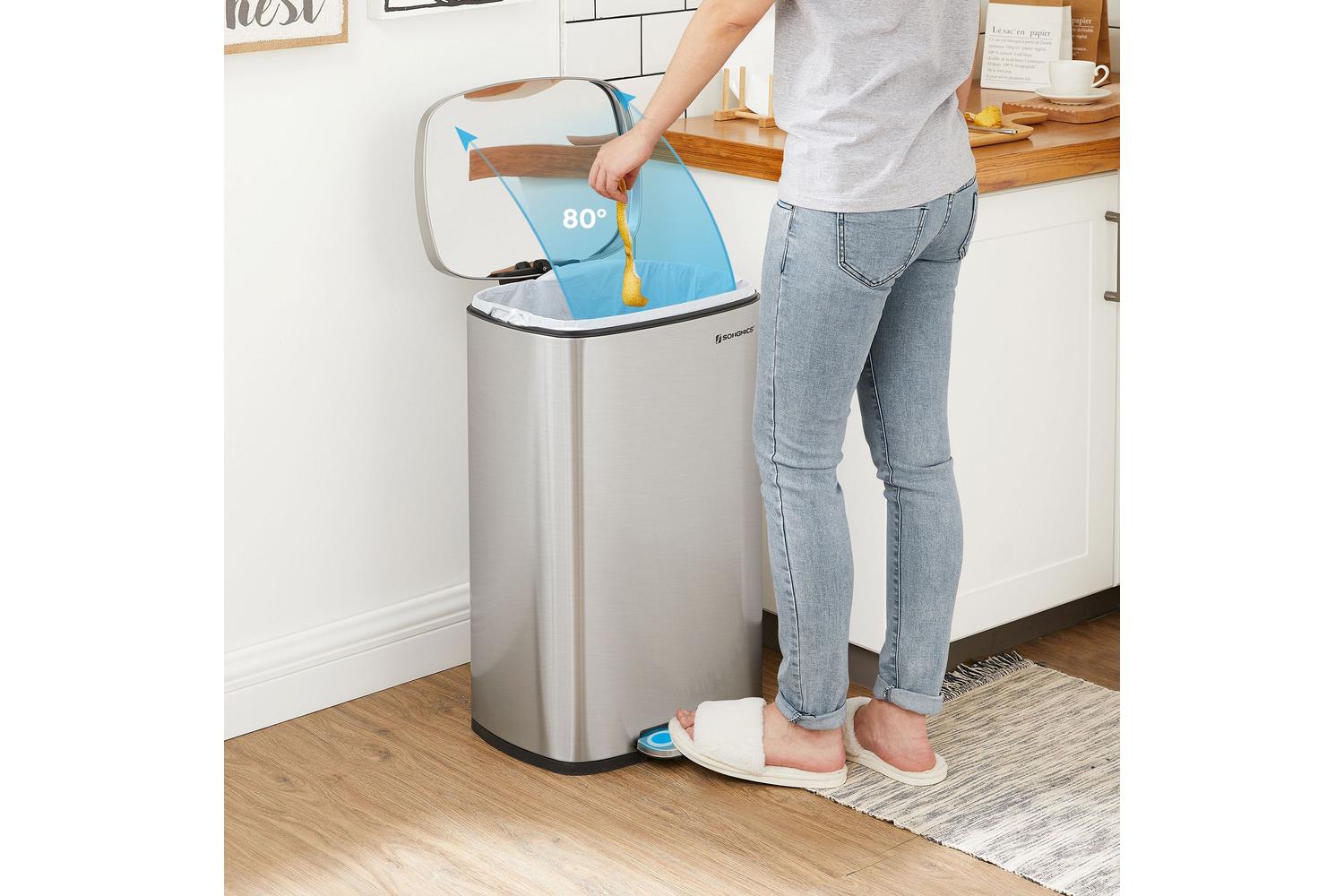 Songmics Step-Open Trash Can with Lid | Silver-5