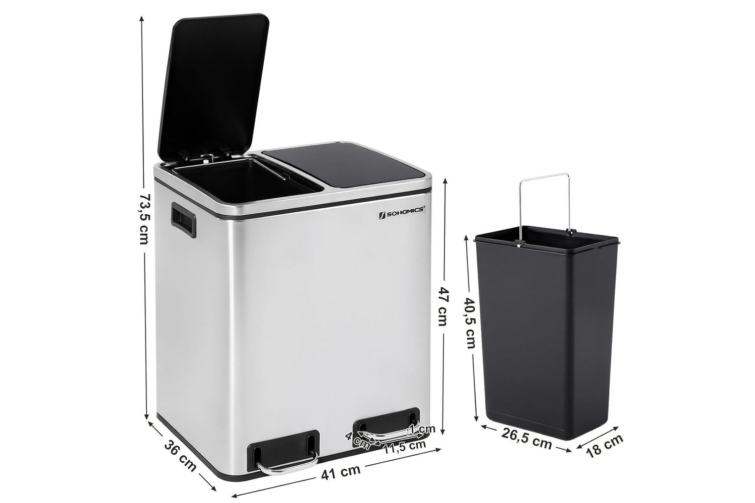 Songmics Step Trash Can with 2 Bucket | Silver-4