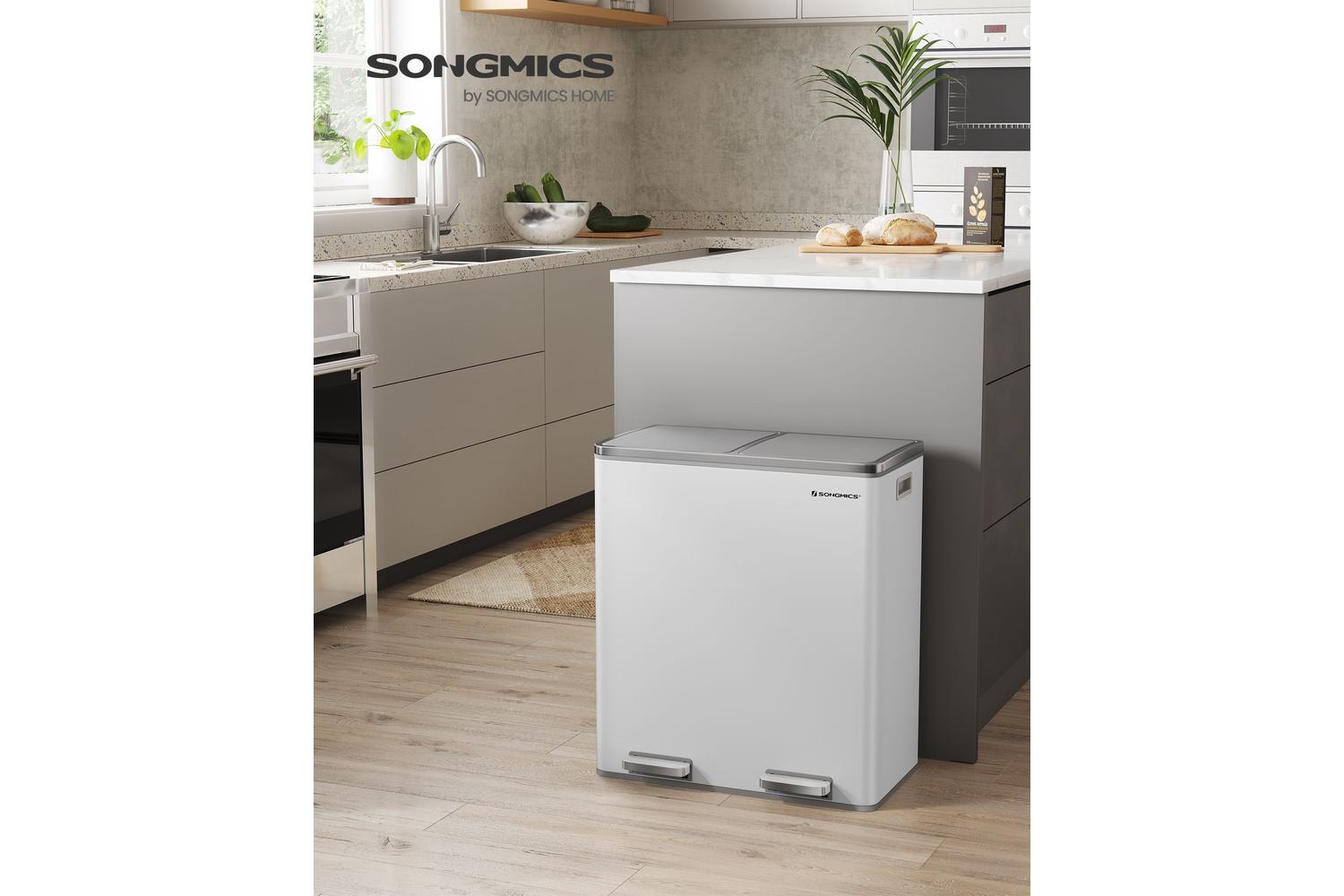 Songmics Trash Can with 2 Inner Buckets | White & Silver-3
