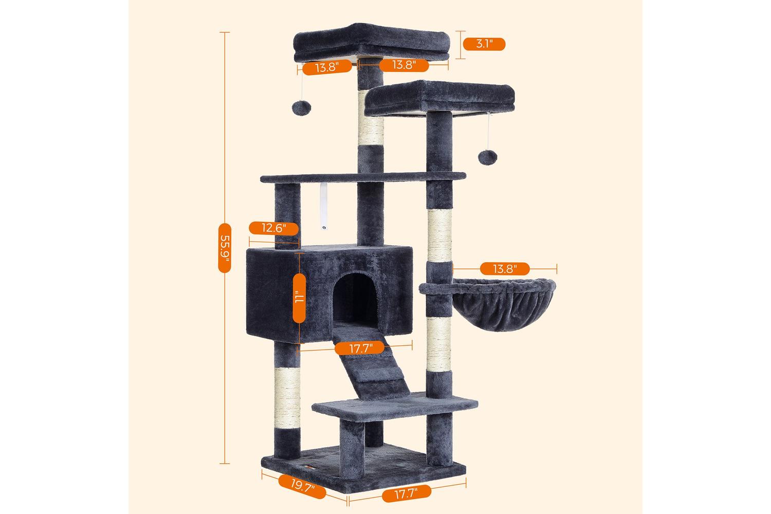 Feandrea UPCT160G01 55.9" Large Cat Tower with Bed | Smoky Grey-8