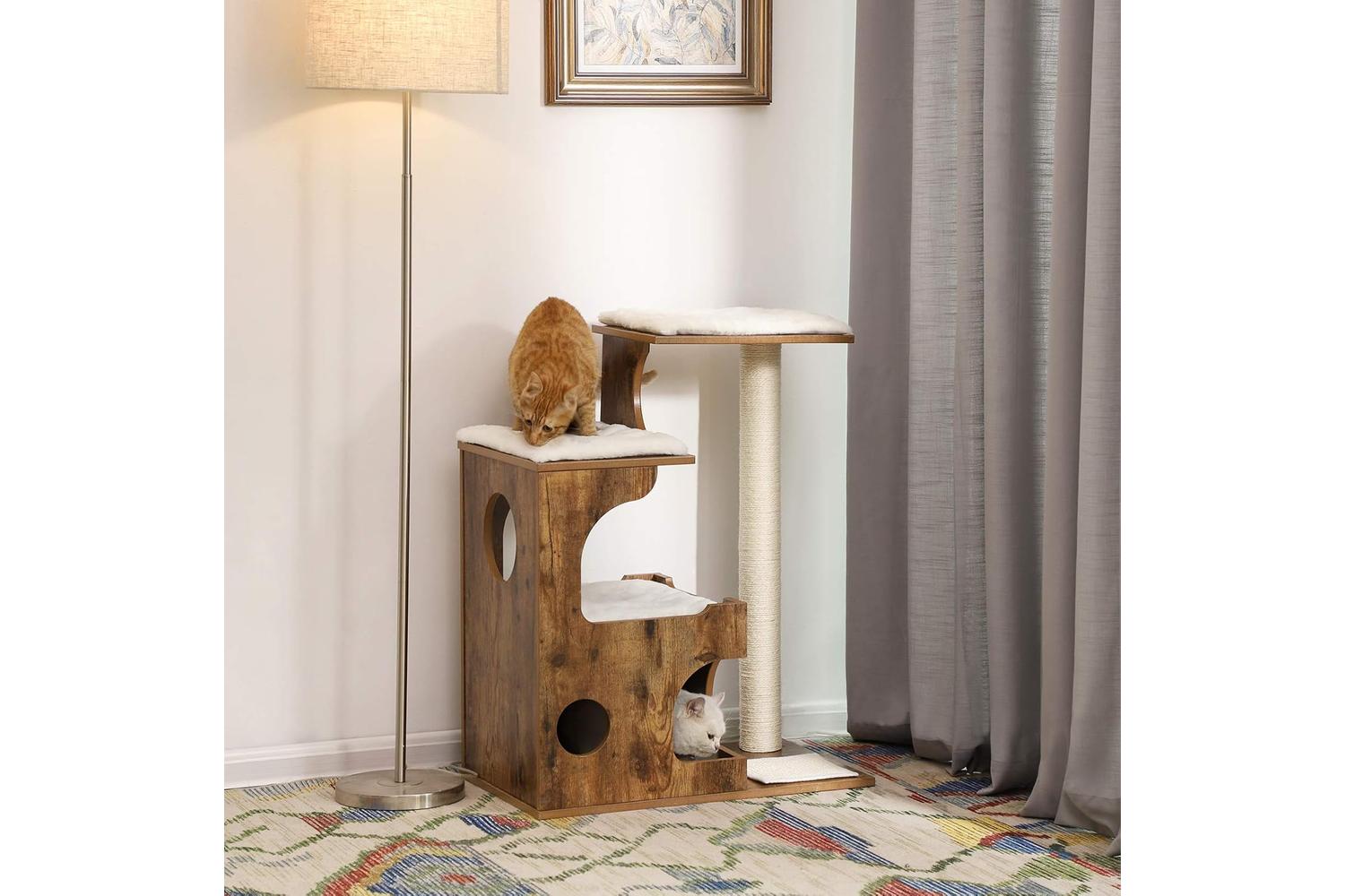 Feandrea 3 Beds Cat Tree | Rustic Brown & White-2