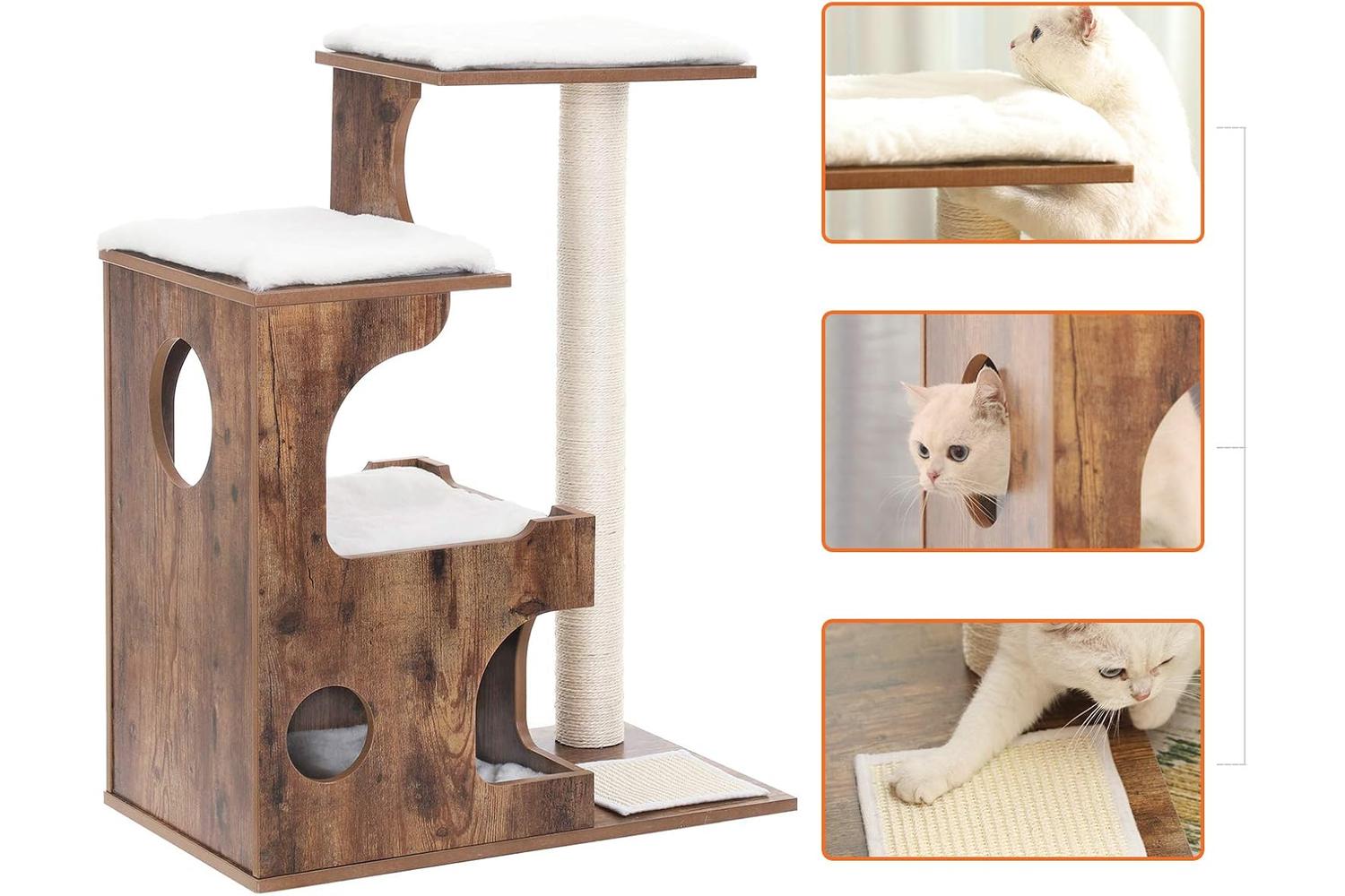 Feandrea 3 Beds Cat Tree | Rustic Brown & White-4