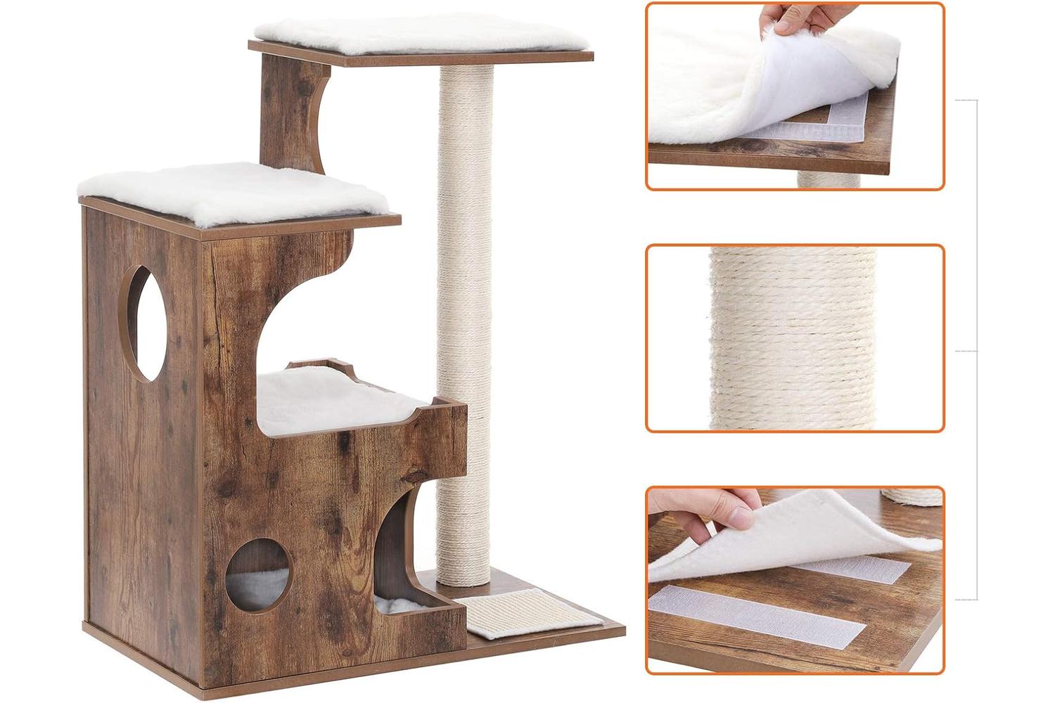 Feandrea 3 Beds Cat Tree | Rustic Brown & White-8