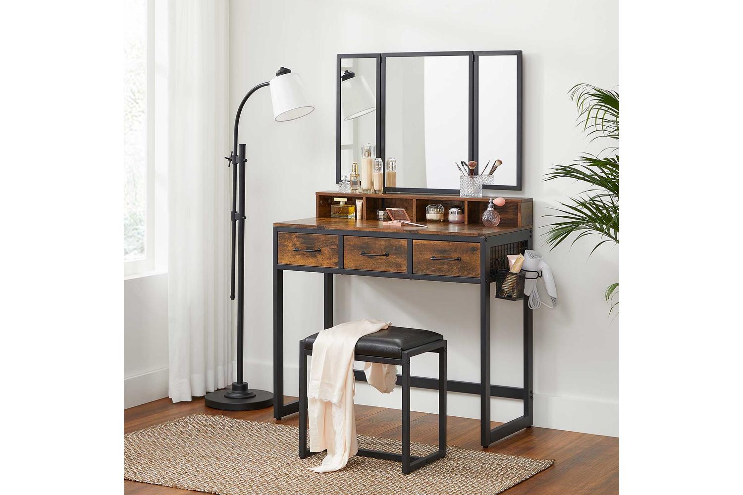 Vasagle Industrial Makeup Vanity Table Set | Rustic Brown & Black-3
