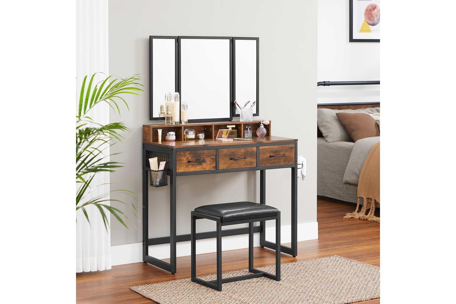 Vasagle Industrial Makeup Vanity Table Set | Rustic Brown & Black-4