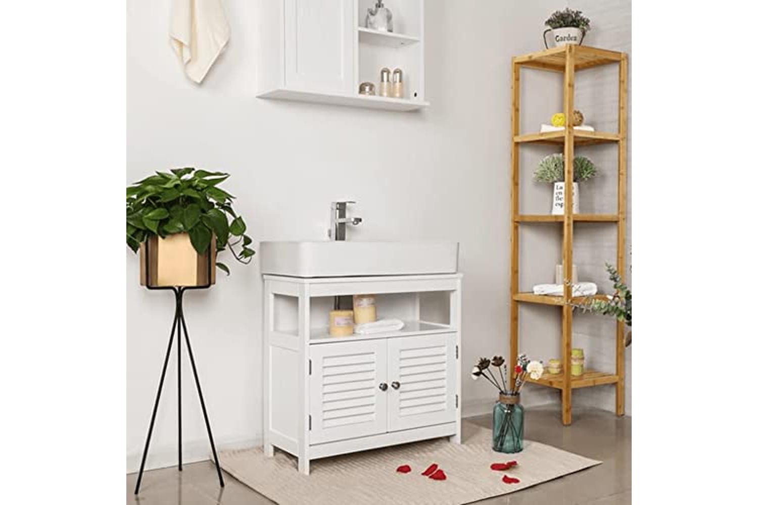 Vasagle BBC02WT Washbasin Cabinet with Louvered Doors-6