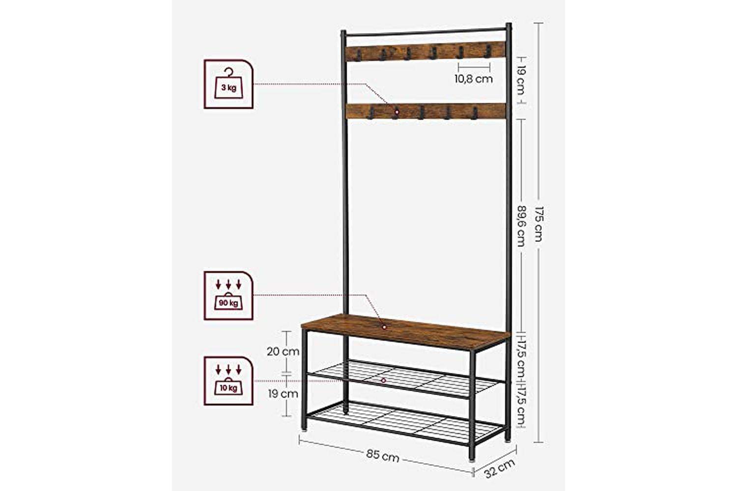Vasagle HSR401B01 Coat Stand with 3 Shelves-5