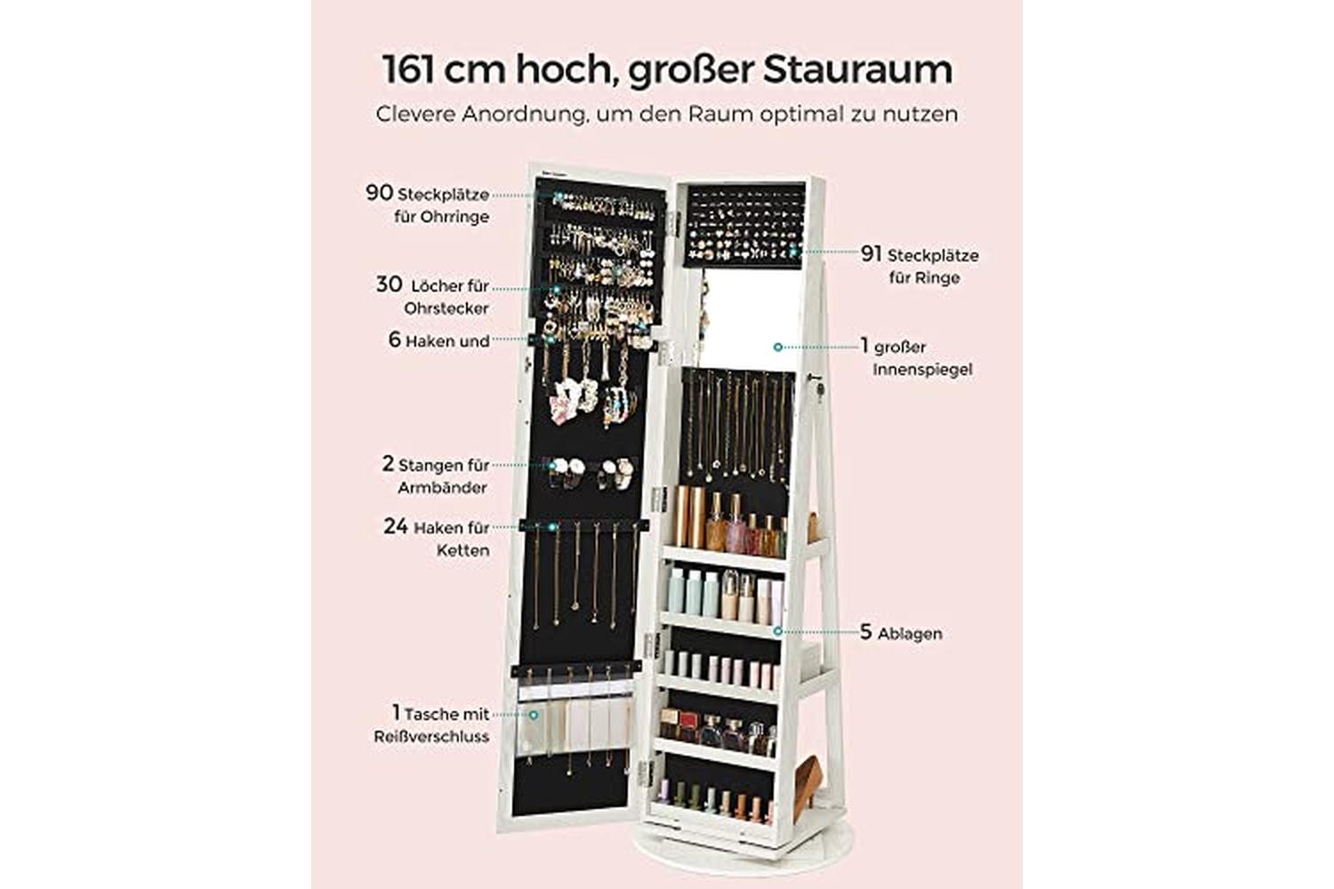 Songmics JBC62W Revolving  Jewelry Cabinet with Mirror-4
