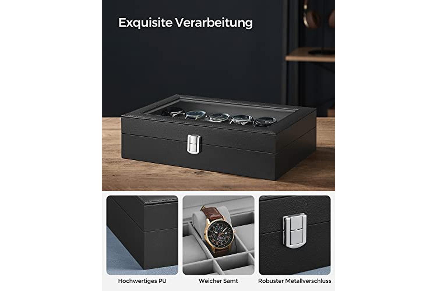 Songmics JWB12BK Watch Box with Glass Lid-4