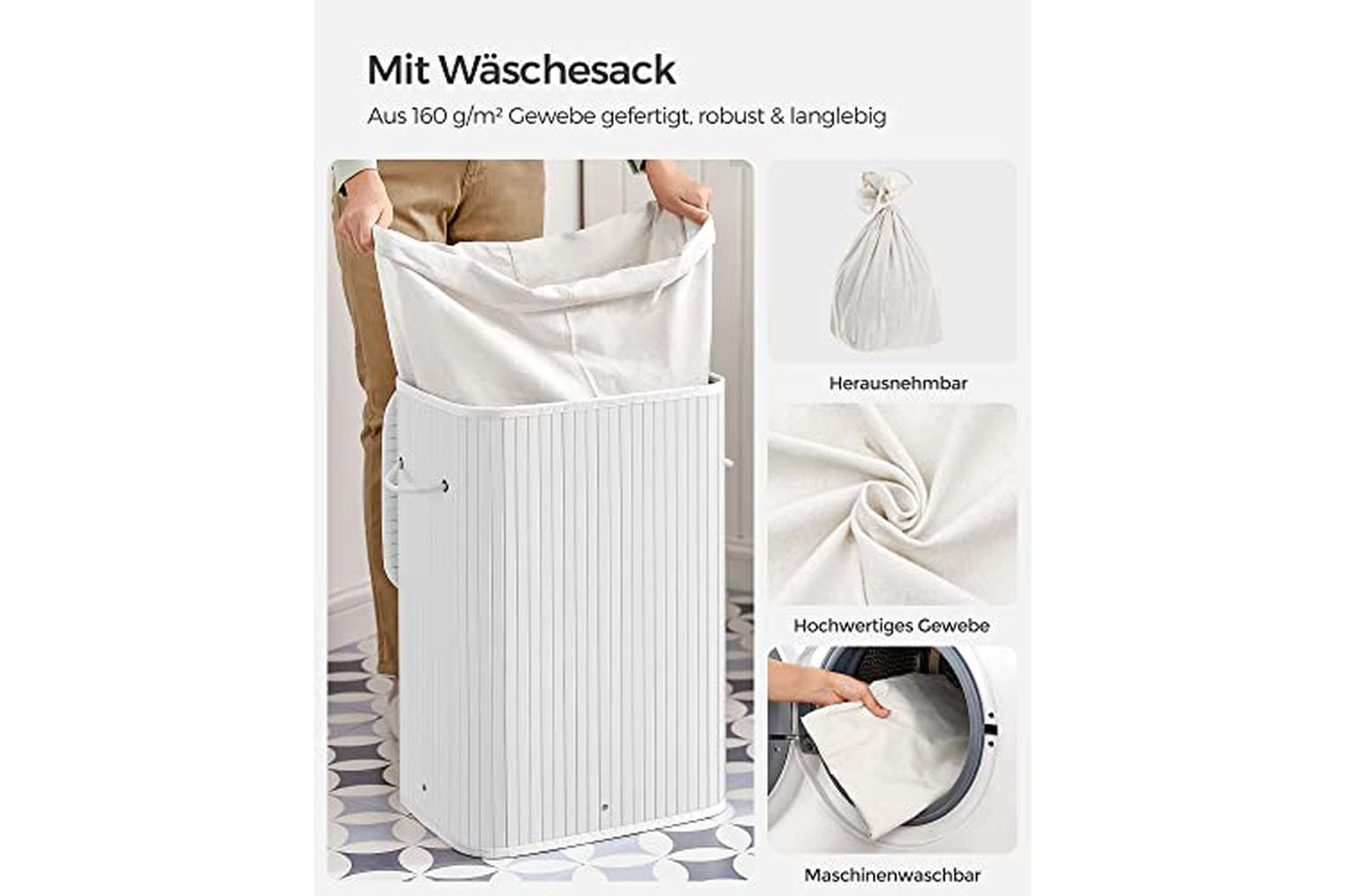 Songmics LCB010W01 Bamboo Laundry Basket | White-4