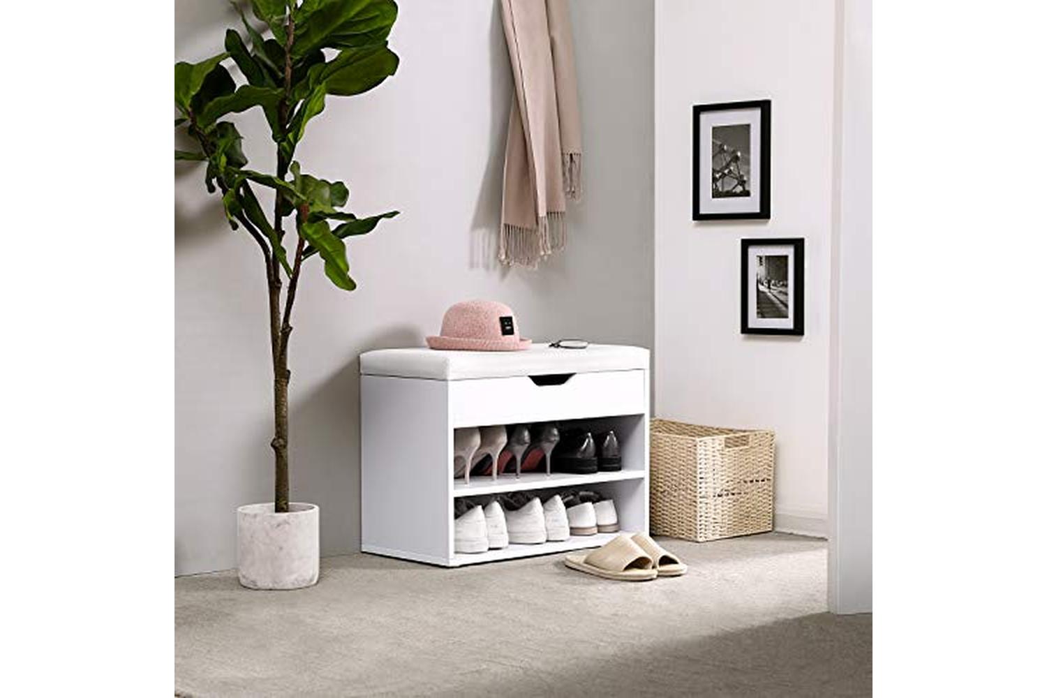 Vasagle LHS20WT Padded Shoe Bench 2 Compartments | White-3