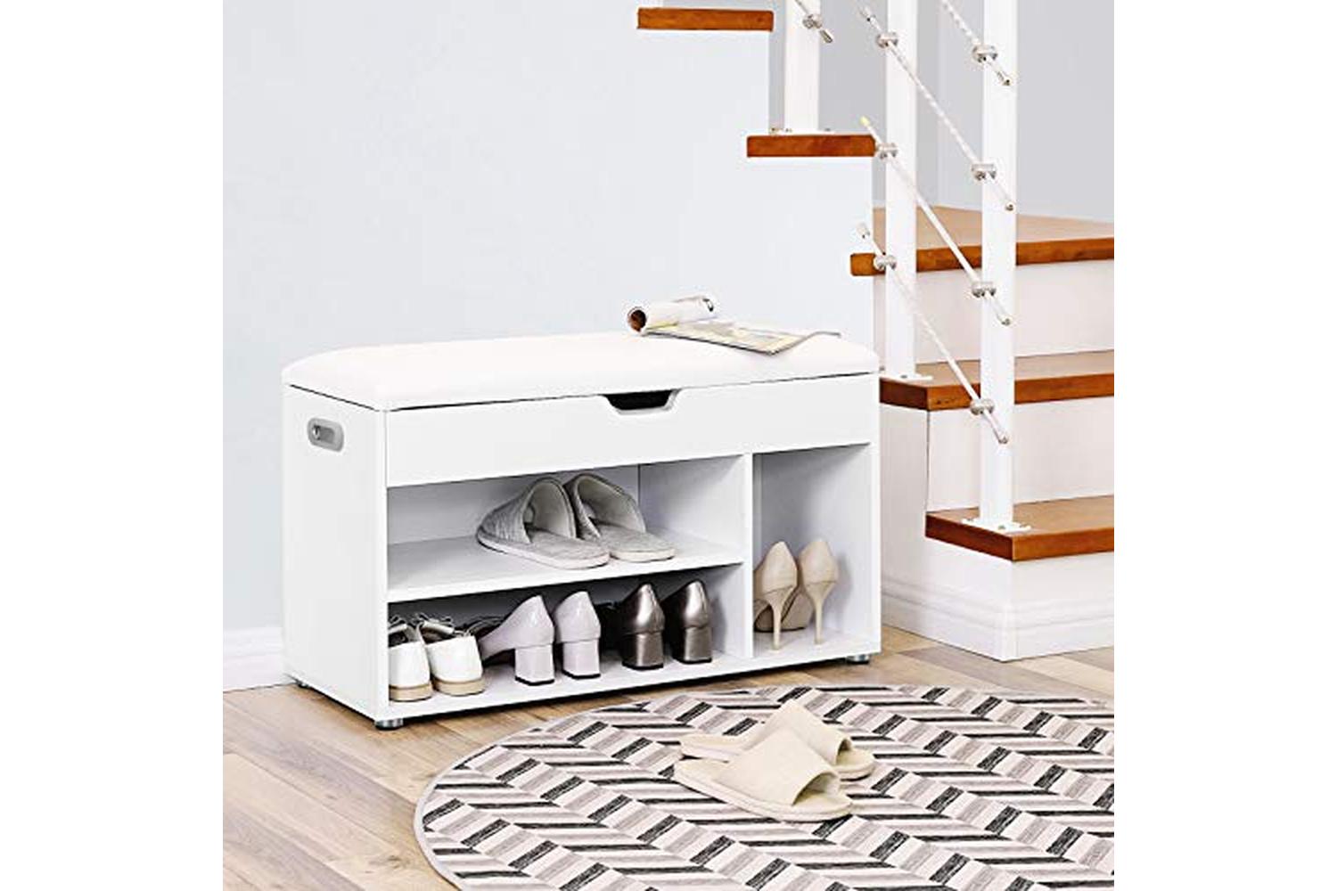 Vasagle LHS30W Padded Shoe Bench 3 Compartments | White-2