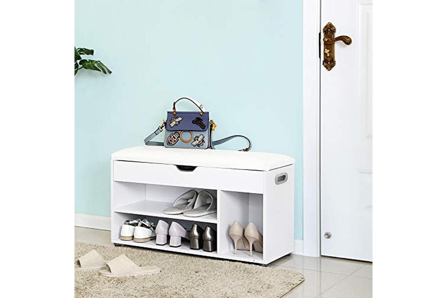 Vasagle LHS30W Padded Shoe Bench 3 Compartments | White-4
