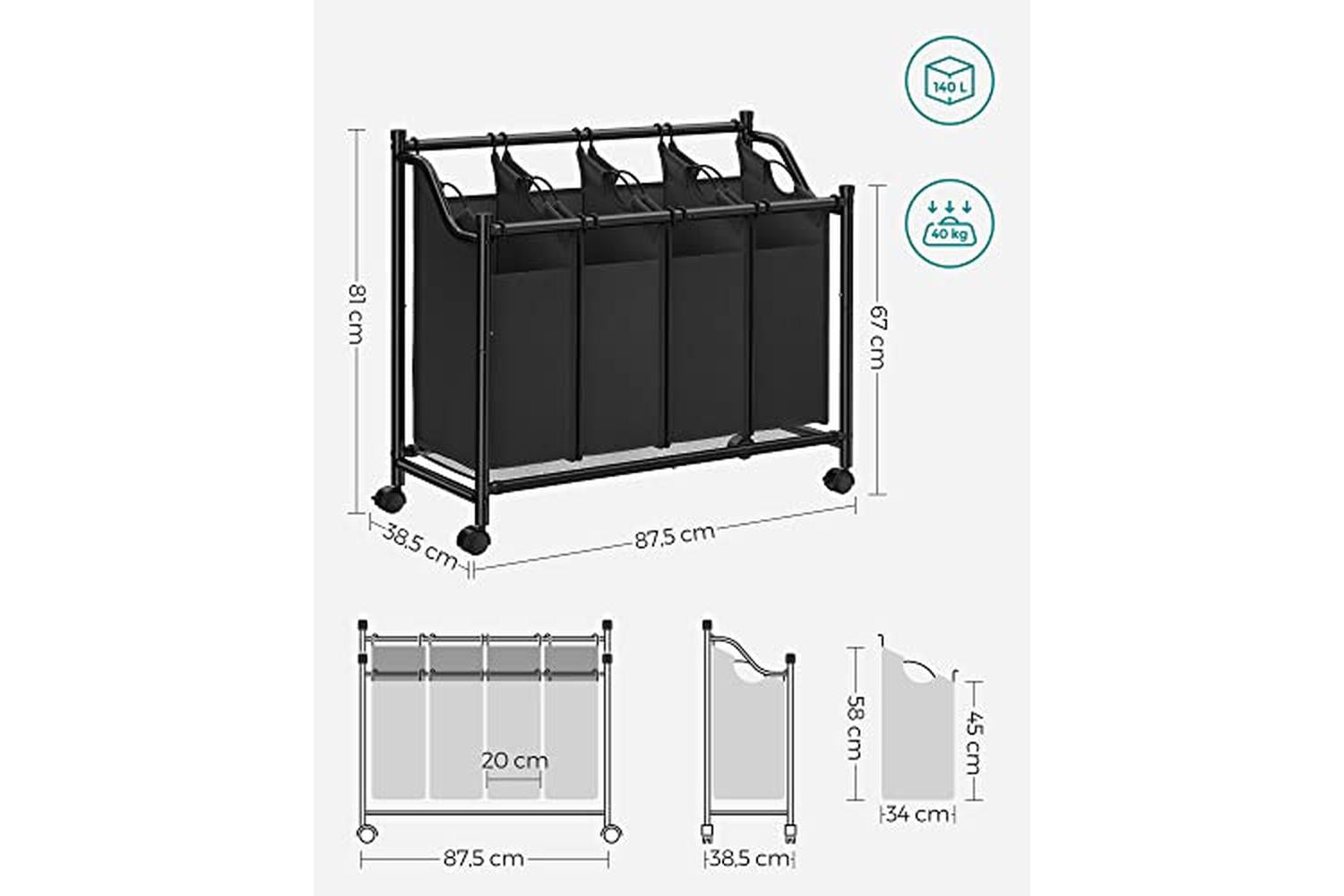 Songmics LSF005 Laundry Sorter 4 Compartments | Black-6