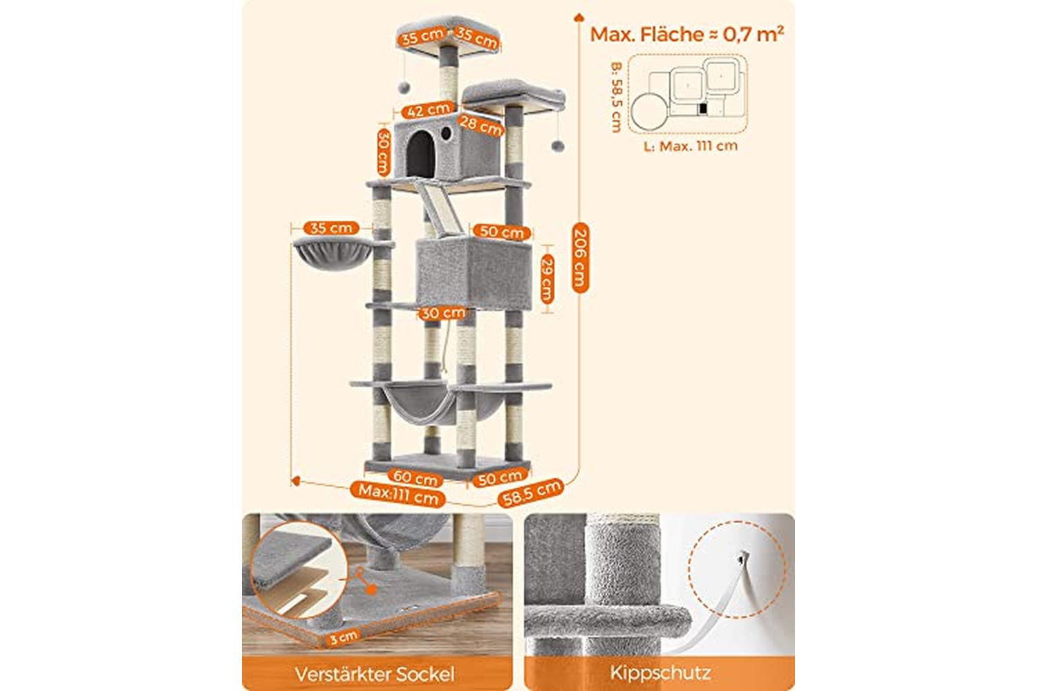 Feandrea PCT190W01 Scratching Post Cat Tree | Light Grey-6