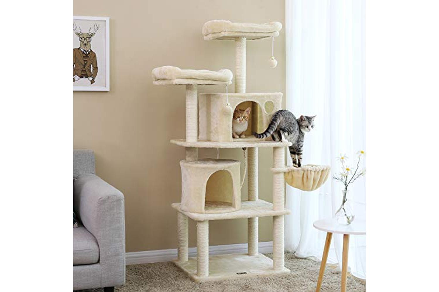 Feandrea PCT90M Scratching Post 2 Caves Cat Tree | Beige-2