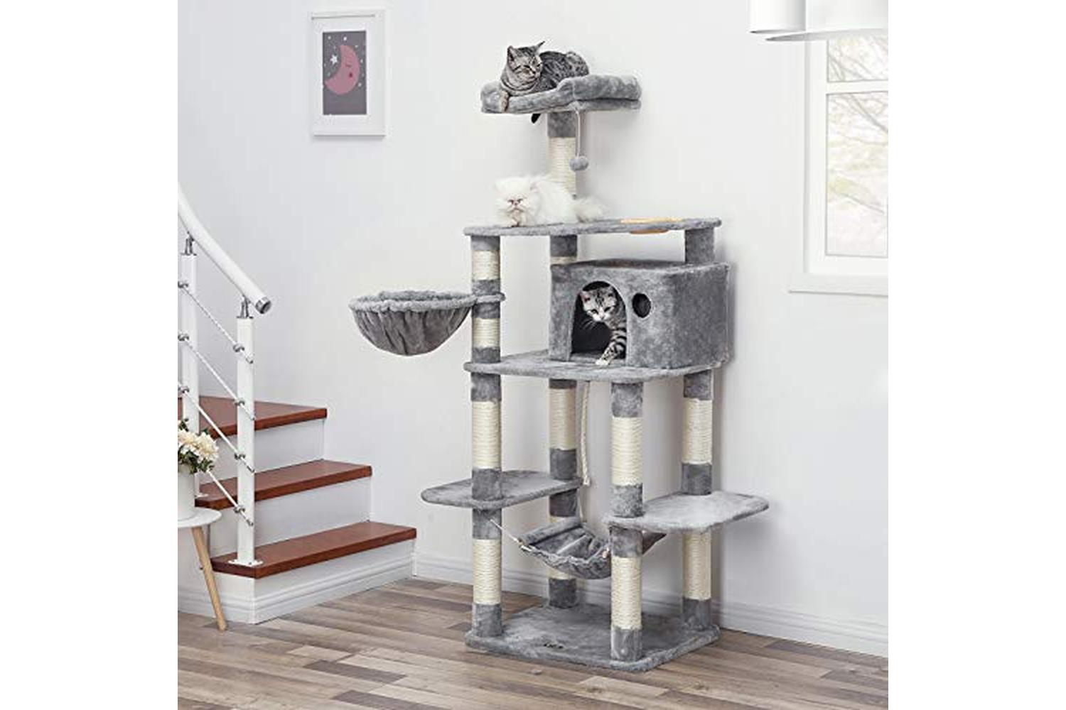 Feandrea PCT99W Scratching Post Cat Tree with Bowl | Light Grey-3