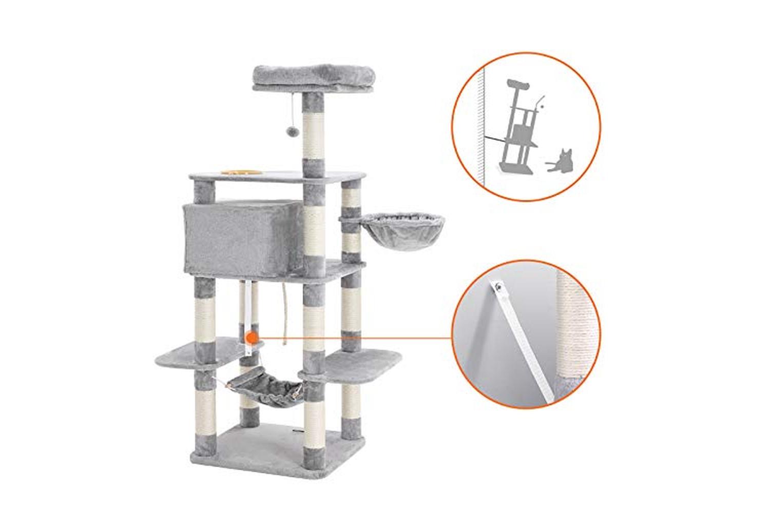 Feandrea PCT99W Scratching Post Cat Tree with Bowl | Light Grey-4